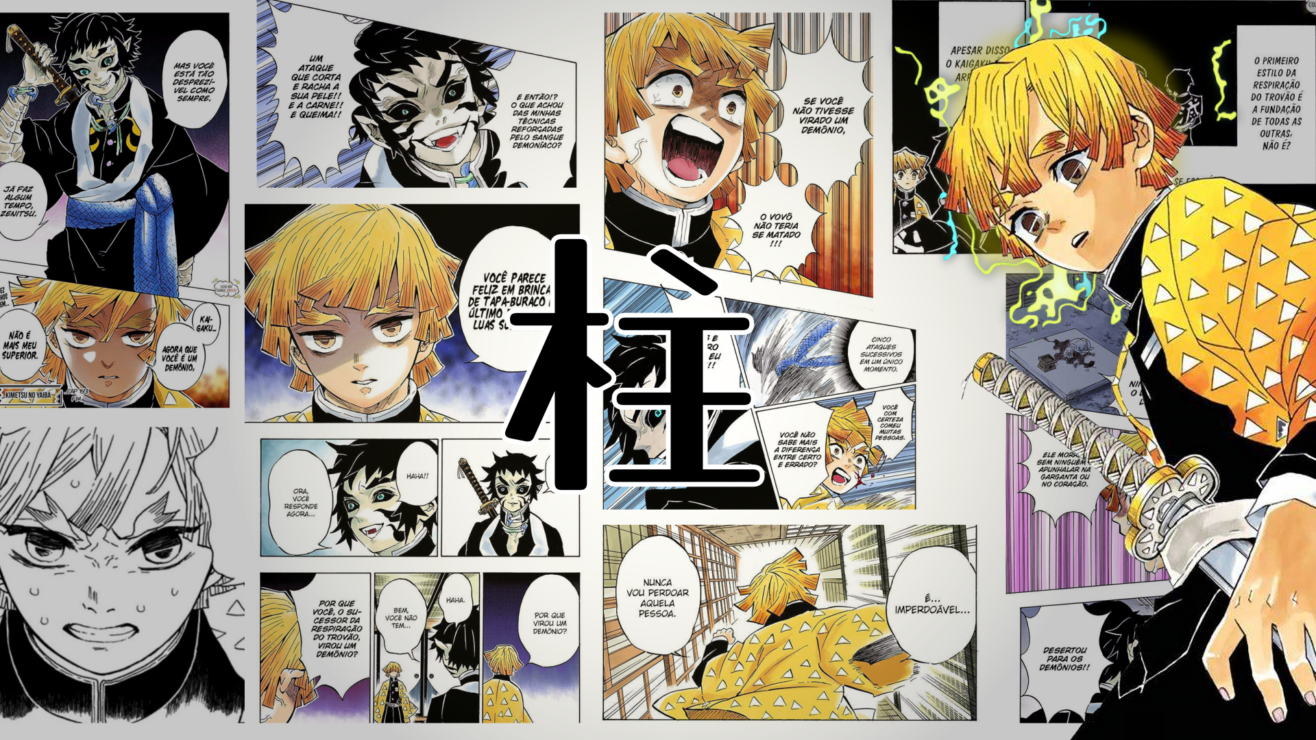 8K Ultra HD Demon Slayer: Kimetsu no Yaiba wallpaper featuring anime characters Zenitsu Agatsuma and Kaigaku in dynamic manga panels and vibrant colors.