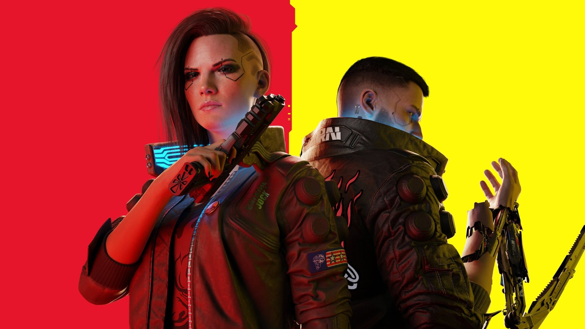 4K Ultra HD Cyberpunk 2077: Phantom Liberty PC wallpaper featuring two characters against a bold red and yellow background, highlighting the game's futuristic style.