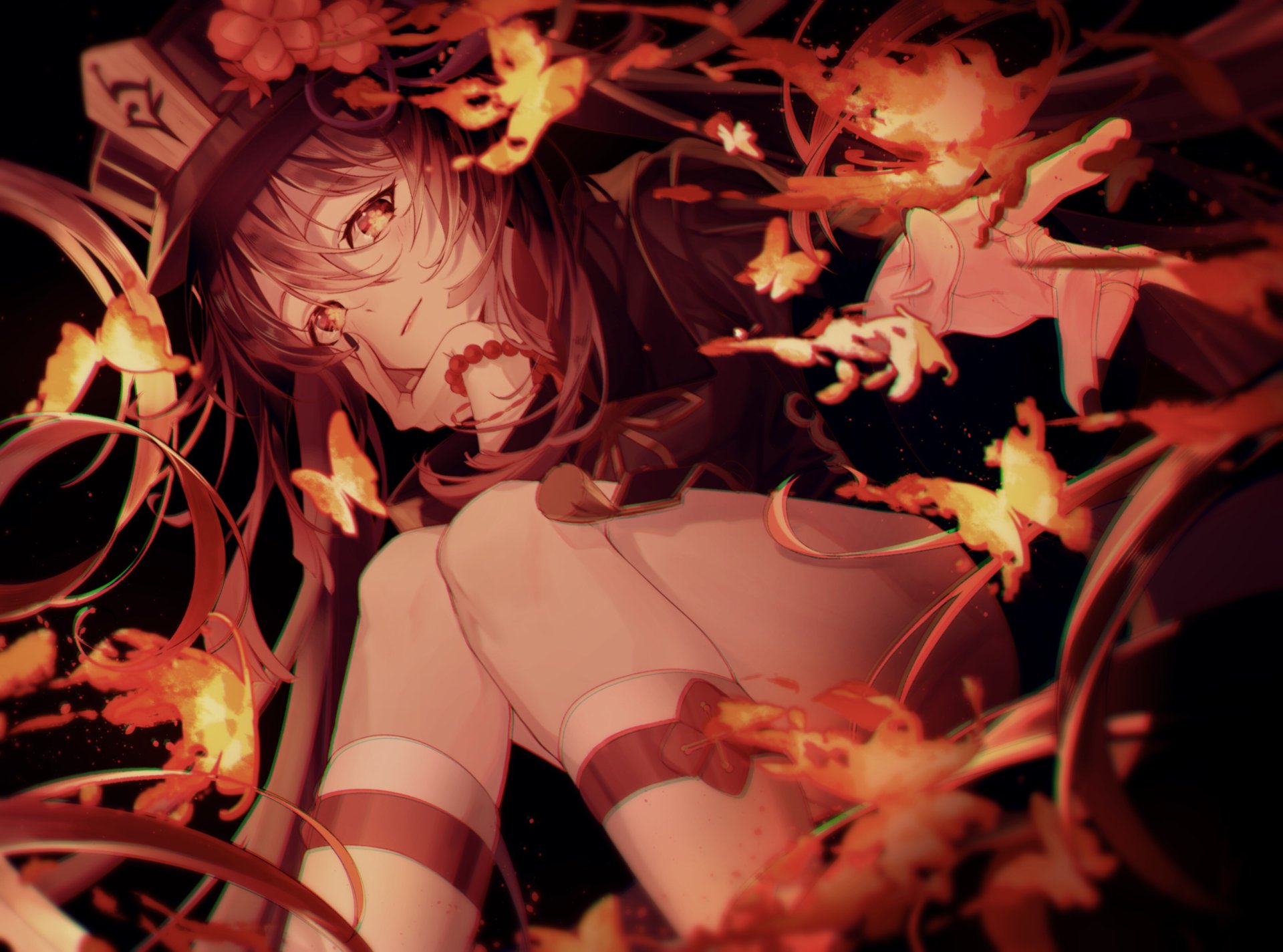 HD PC desktop wallpaper featuring Hu Tao from the video game Genshin Impact, surrounded by fiery butterflies in a dark, dynamic composition.