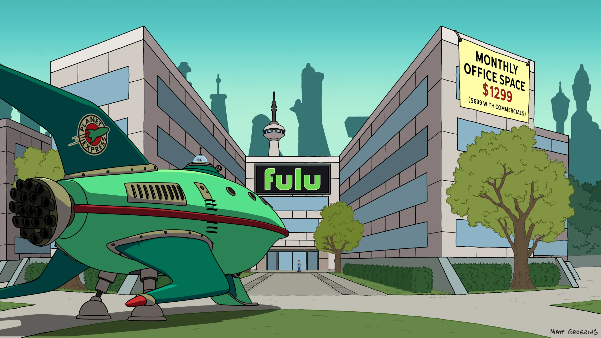 HD Futurama-themed desktop wallpaper featuring the Planet Express ship in front of the Fulu office building.