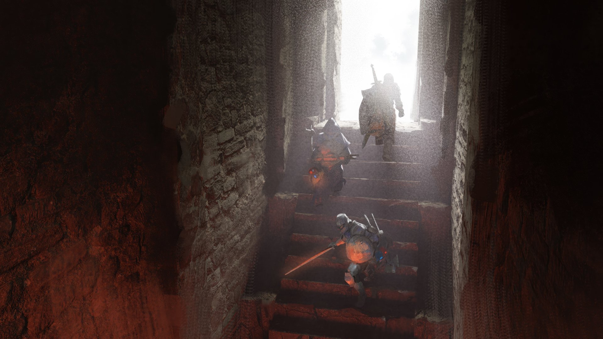 HD desktop wallpaper from the video game Dark and Darker, featuring armored characters ascending a dimly lit, stone staircase towards a bright light.