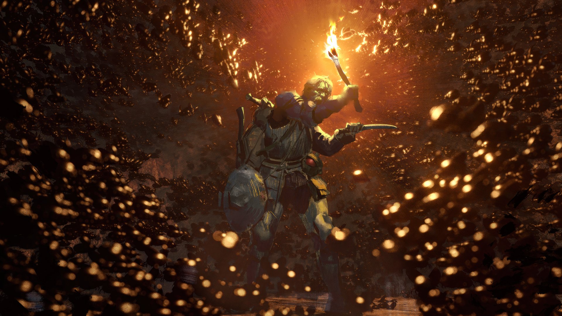 HD wallpaper of Dark and Darker video game featuring a warrior holding a torch amidst a shower of glowing embers in a mystical, dark setting.