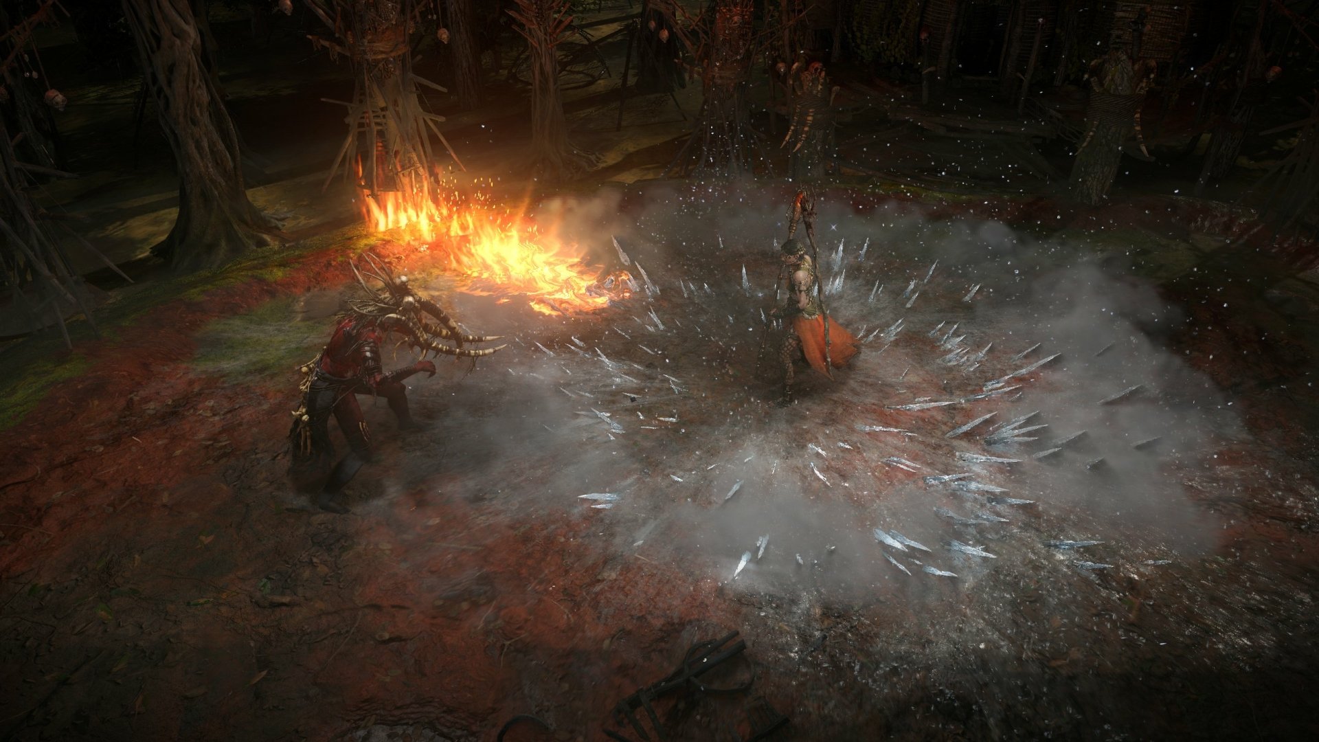 A dramatic scene from the video game Path of Exile, showcasing intense action with fiery explosions and dynamic effects in a dark, mystical forest setting. HD wallpaper quality.