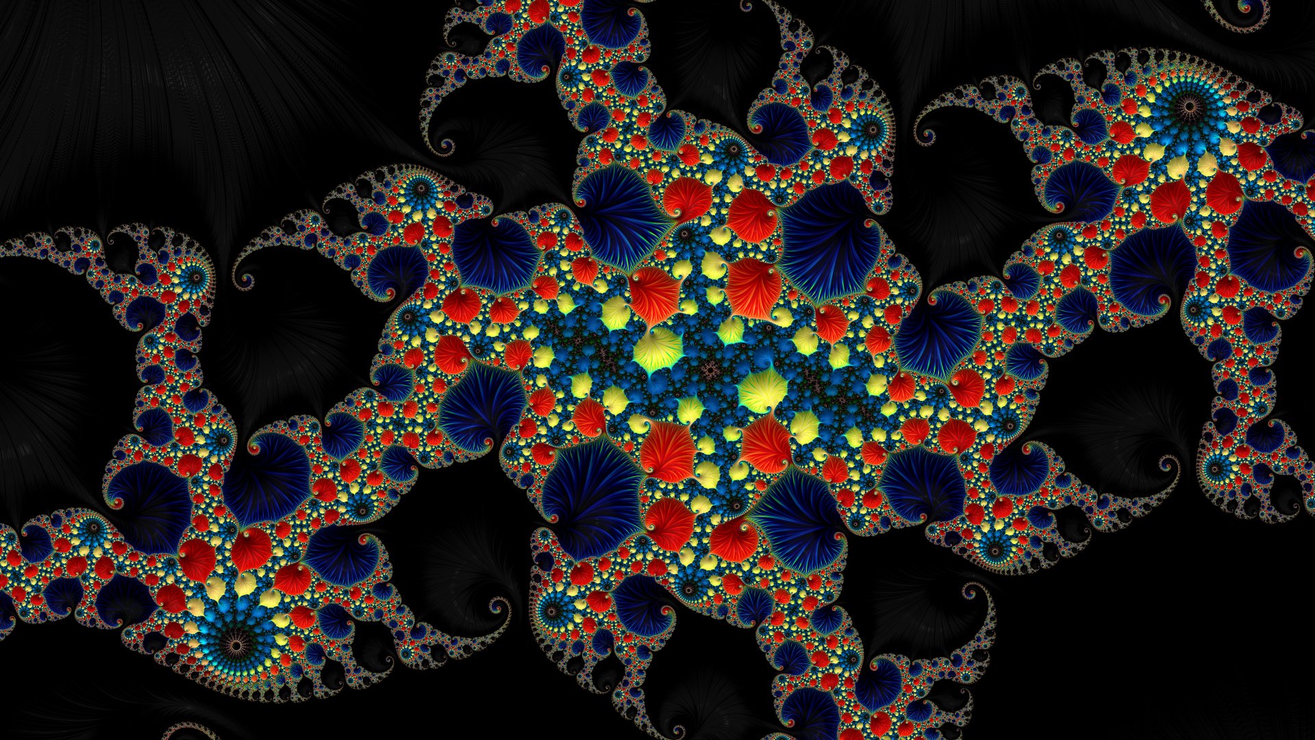 Dark black abstract fractal of multicolored, jewel-like spirals and intricate patterns — 8K Ultra HD PC desktop wallpaper and background