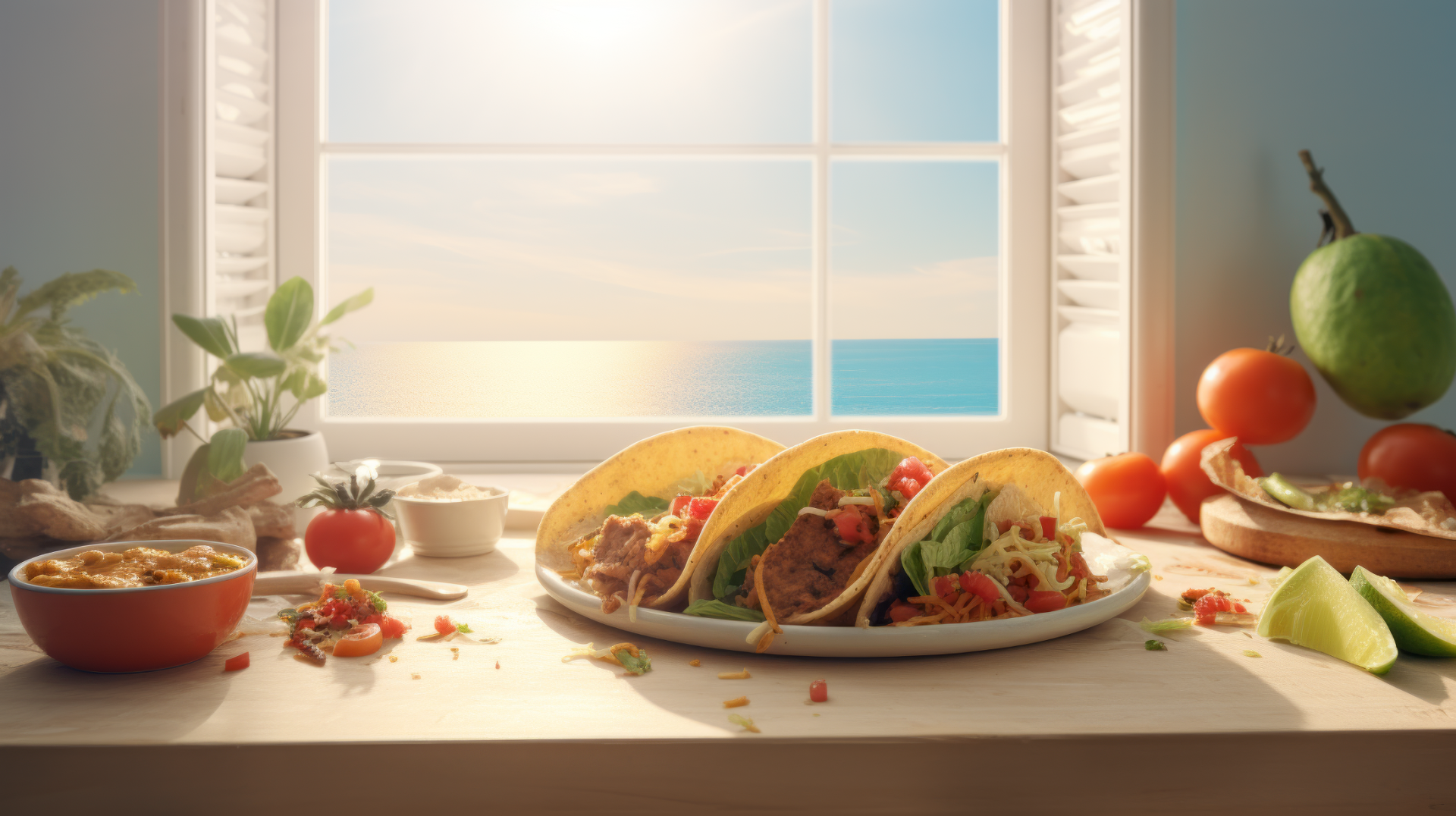 Colorful tacos filled with fresh ingredients sit on a plate near a sunlit window, complemented by a vibrant kitchen setting. An appetizing HD desktop wallpaper for food lovers.