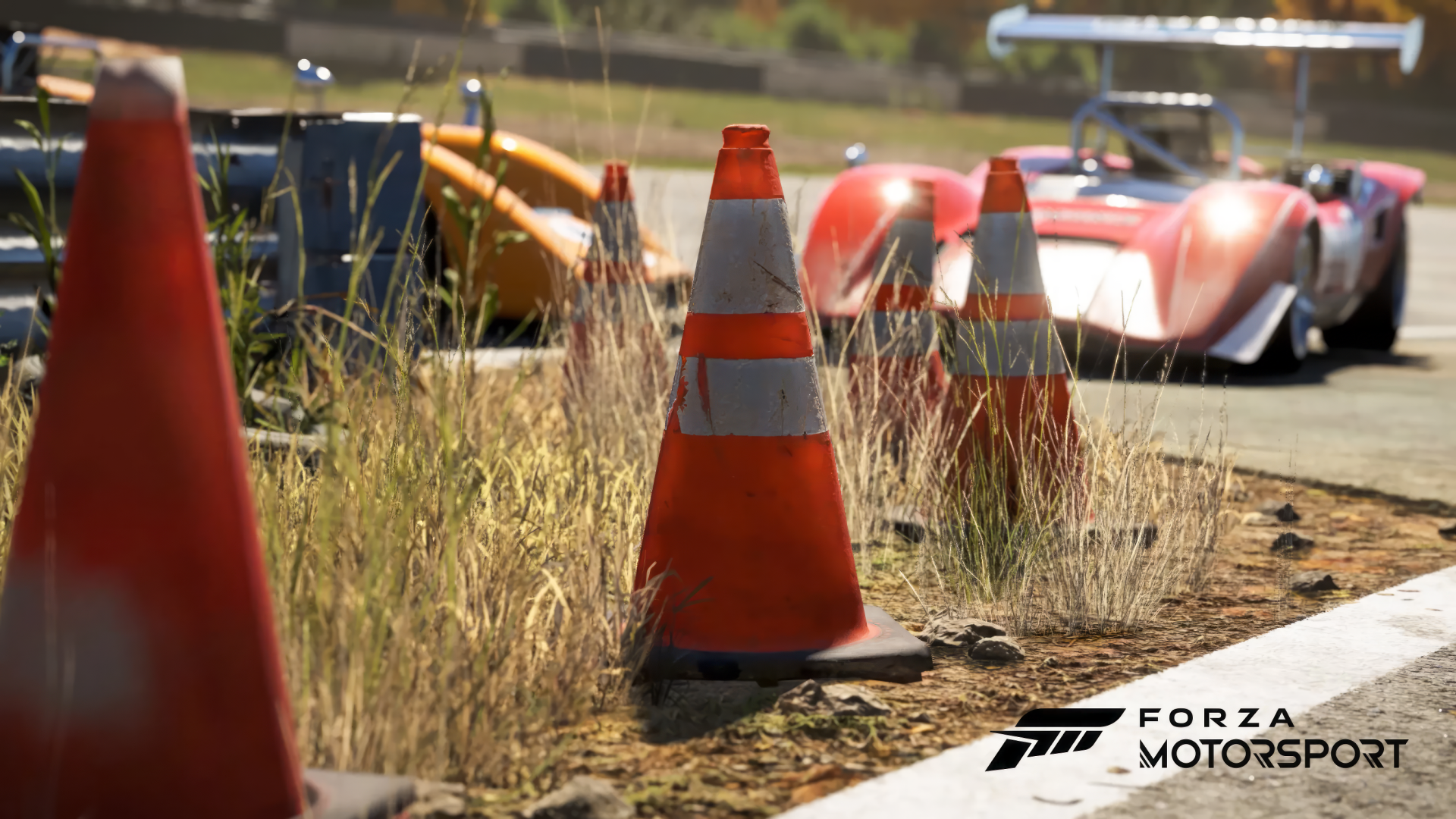 High-definition desktop wallpaper of Forza Motorsport (2023) featuring a detailed racing scene with vivid focus on orange traffic cones and sleek race cars in the background.