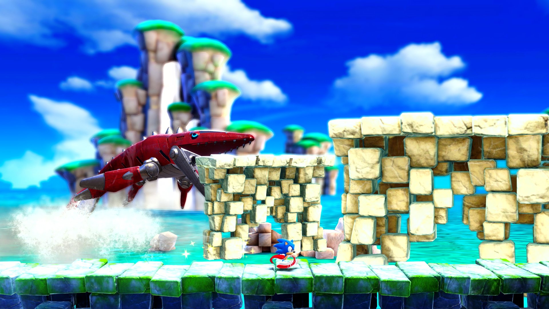 HD desktop wallpaper from Sonic Superstars featuring Sonic dodging a giant red fish leaping over a water barrier with a vibrant sky in the backdrop.