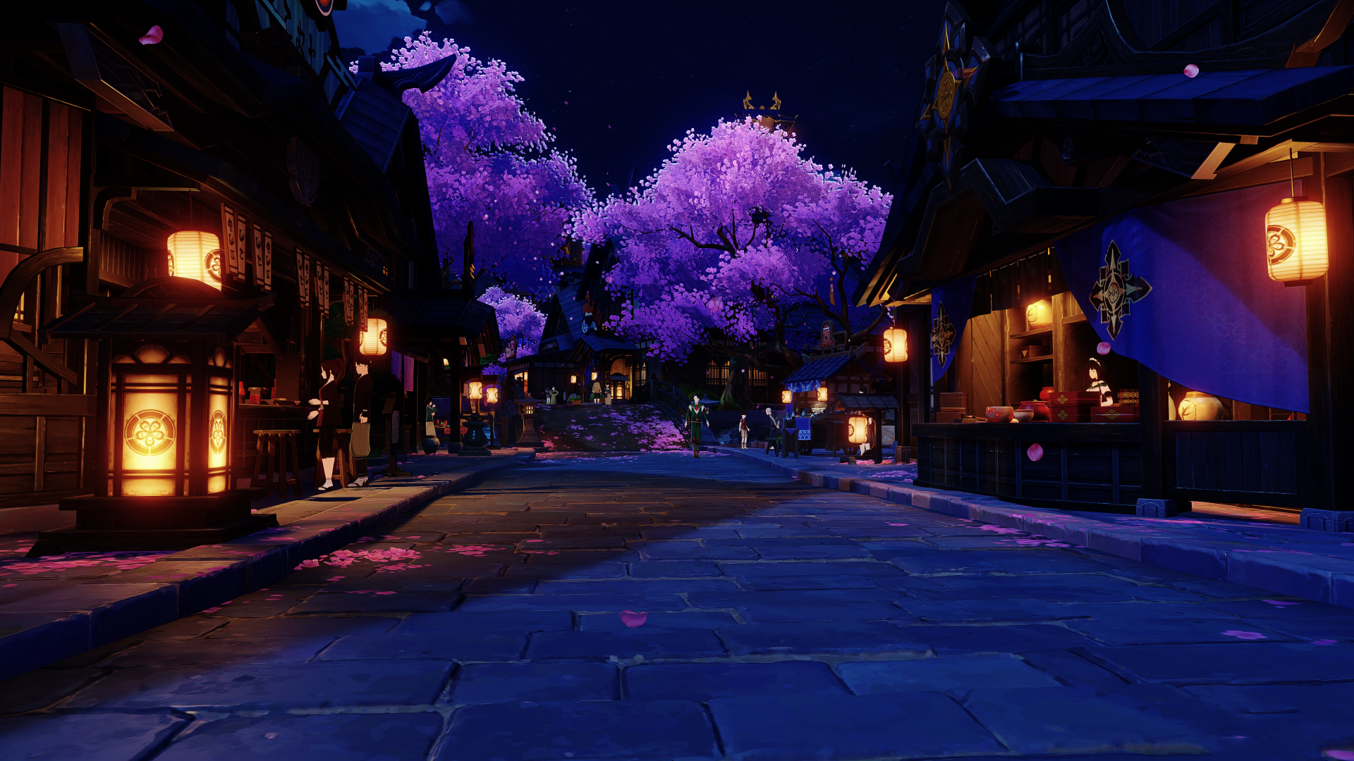 4K Ultra HD PC desktop wallpaper featuring a nighttime scene from the video game Genshin Impact, showcasing glowing lanterns and vibrant purple trees along a cobblestone street.