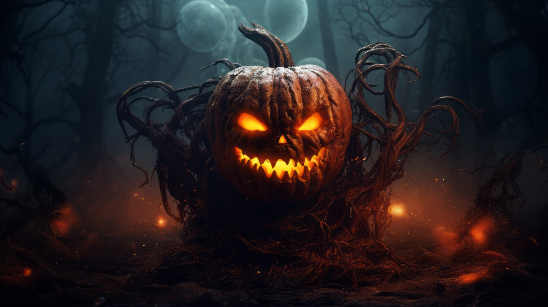 Halloween themed HD desktop wallpaper featuring a spooky pumpkin head with glowing eyes in a misty, eerie forest.