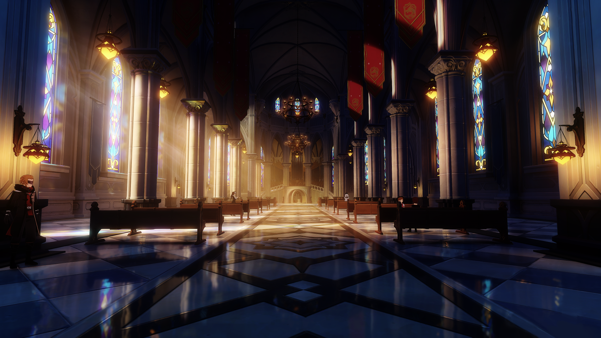 4K Ultra HD Genshin Impact PC wallpaper featuring a grand cathedral interior with glowing stained glass windows and warm ambient lighting.