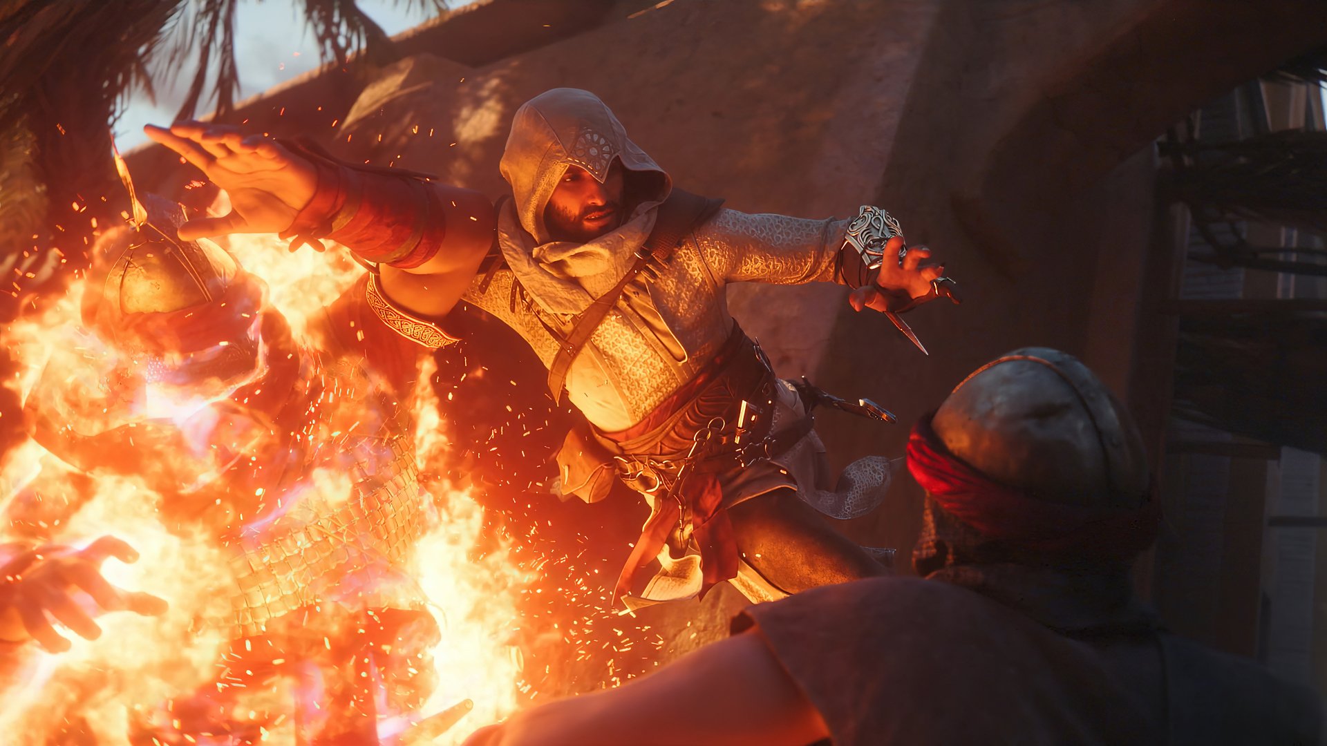 Assassin's Creed Mirage character in action, HD desktop wallpaper with fiery background.