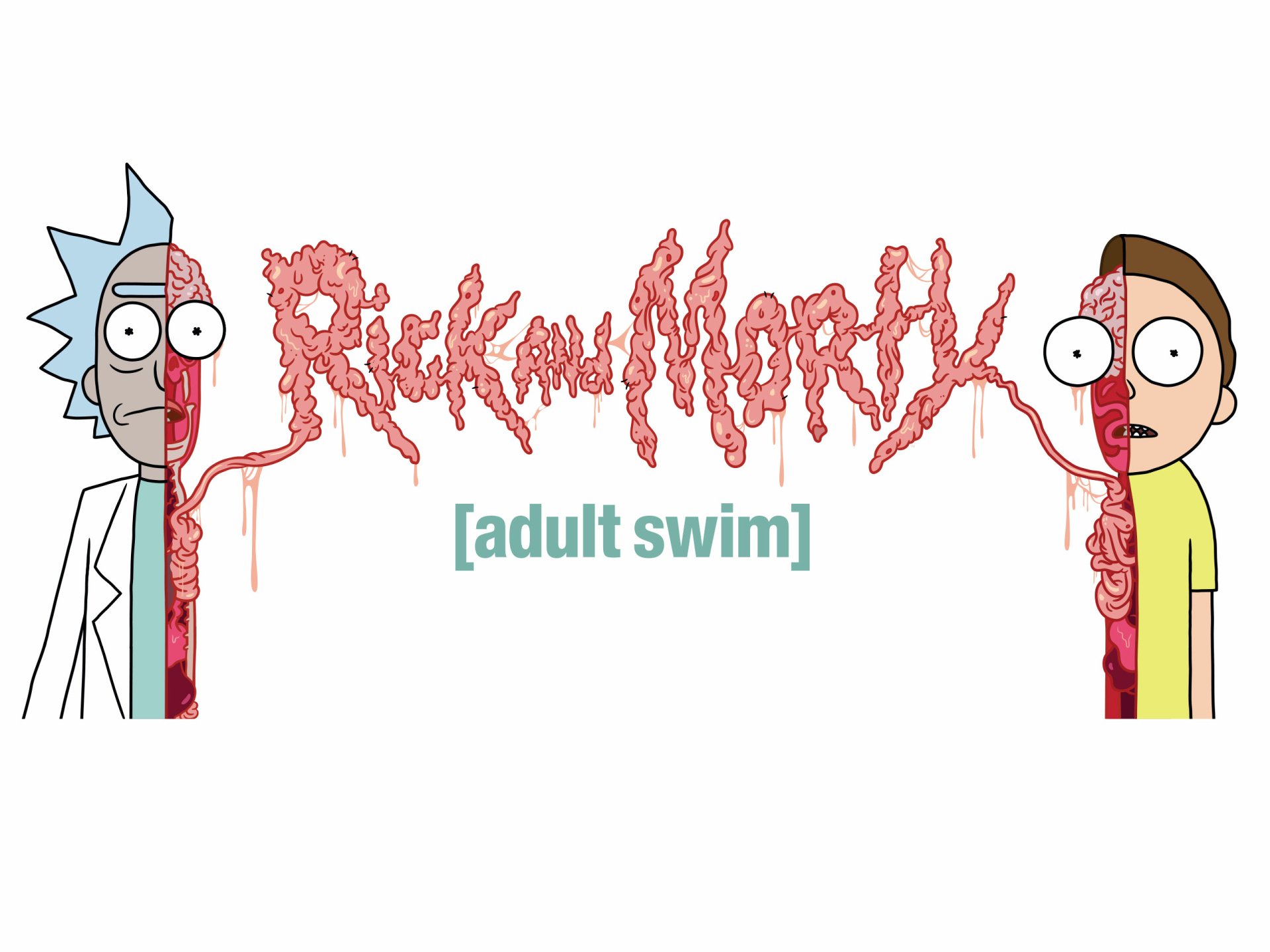 HD PC desktop wallpaper featuring the animated TV show Rick and Morty logo with stylized characters Rick and Morty connected by a red, organic design.