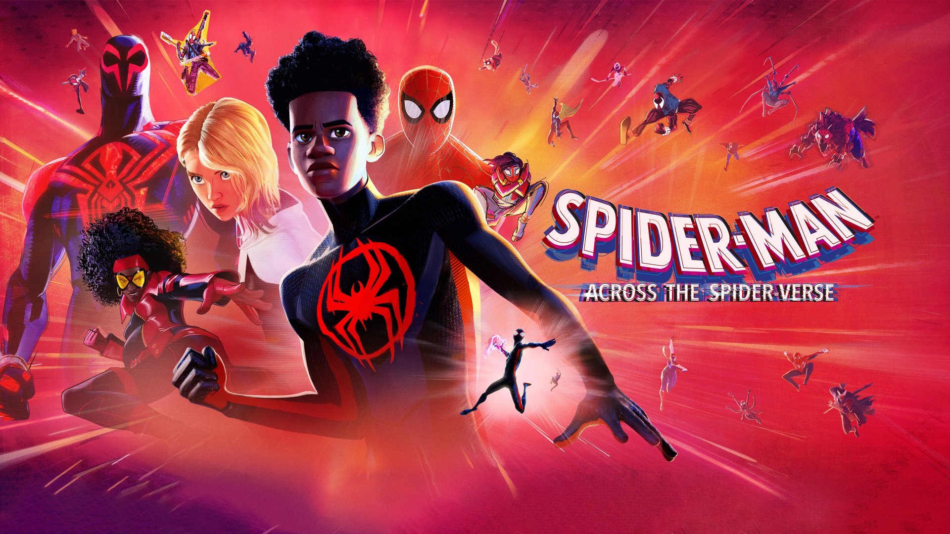 Vibrant 4K Ultra HD desktop wallpaper featuring Spider-Man: Across the Spider-Verse characters in dynamic poses against a red, action-packed background.