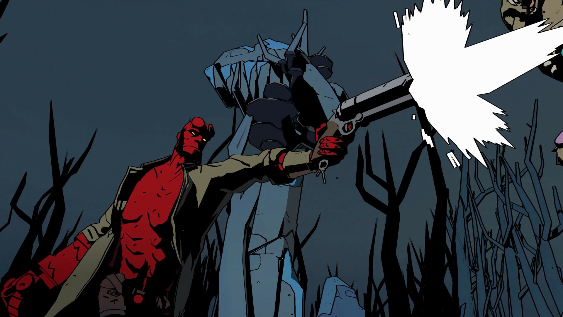 HD desktop wallpaper featuring Hellboy from the game 'Hellboy: Web of Wyrd' in a dynamic action pose with a glowing sword.