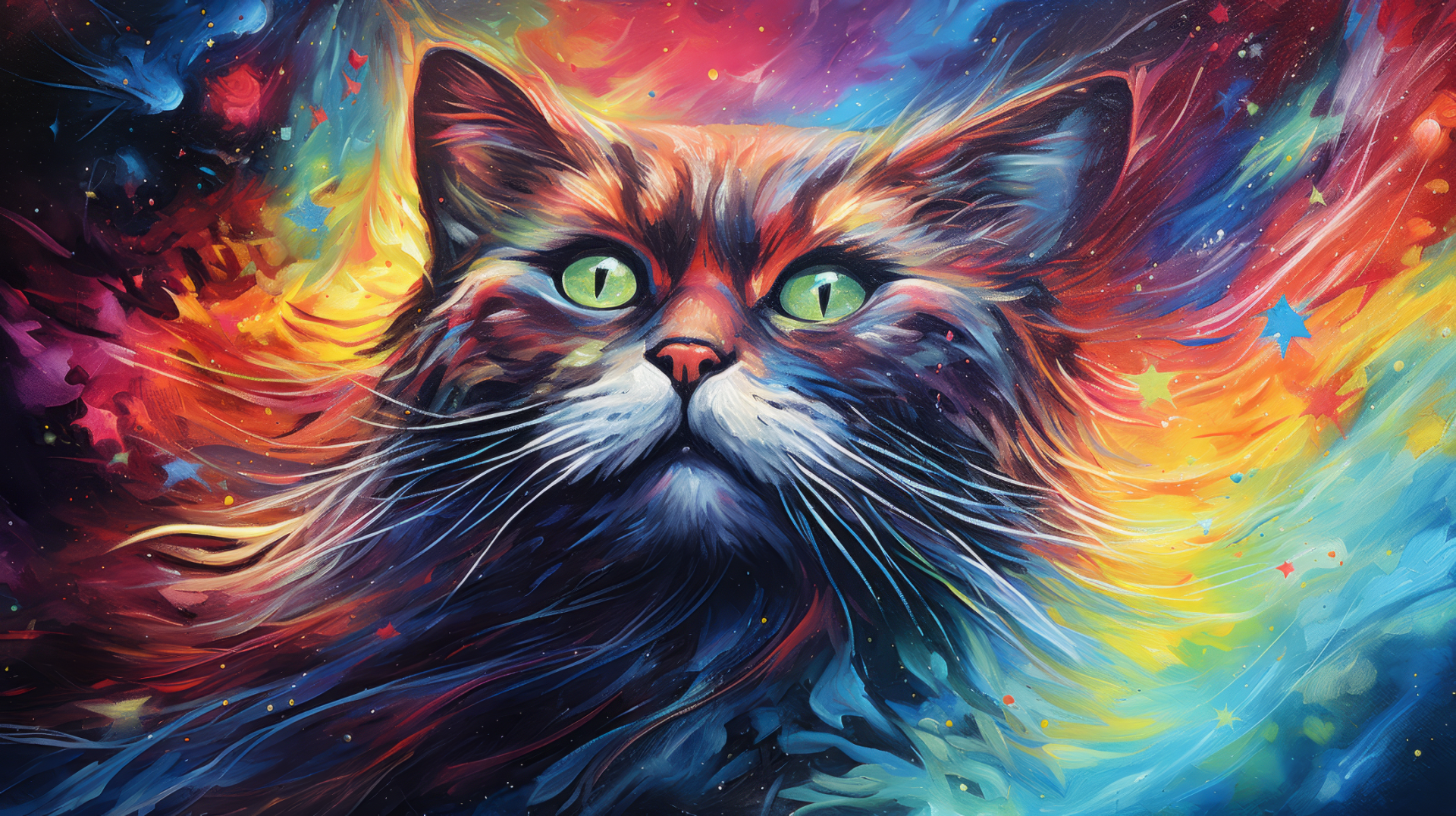 HD desktop wallpaper featuring a vibrant, artistic rendition of a cat with a colorful, cosmic background.