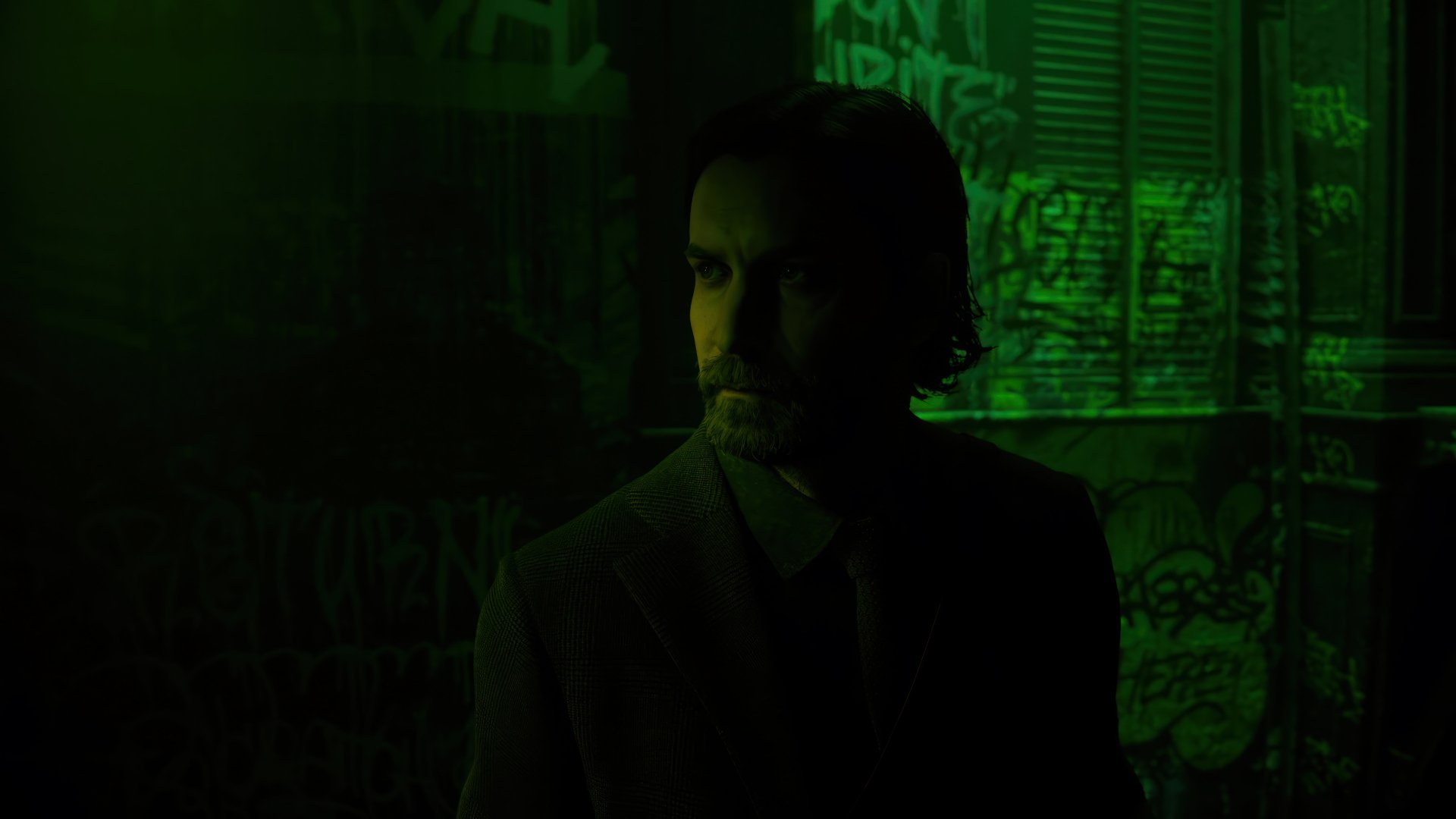 A dark and atmospheric HD wallpaper featuring a character from Alan Wake 2, standing in a shadowy environment illuminated by a green hue, evoking a sense of mystery.