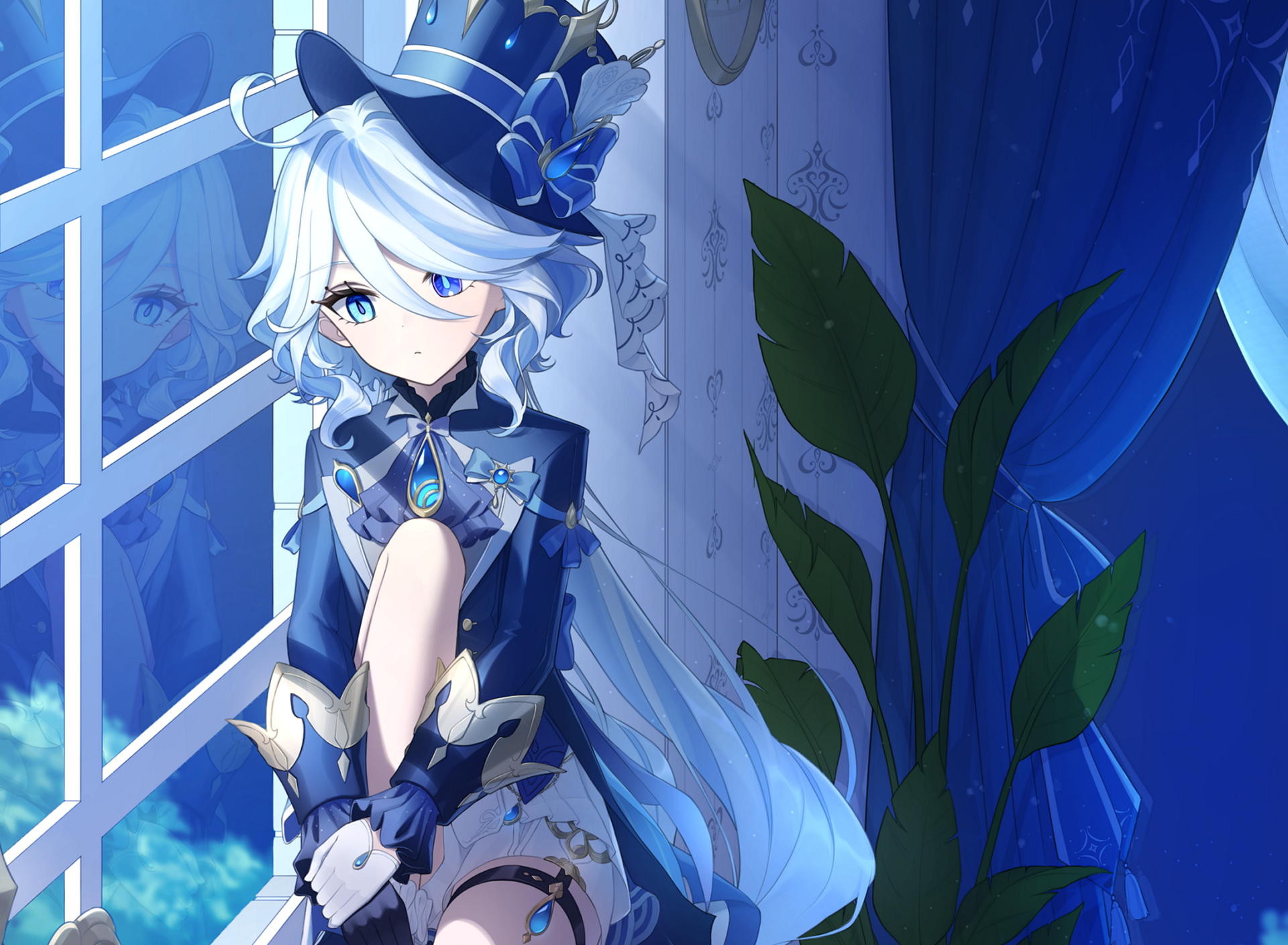 HD PC desktop wallpaper featuring Furina from the video game Genshin Impact, depicted with blue and white tones in a dimly lit room near a window.