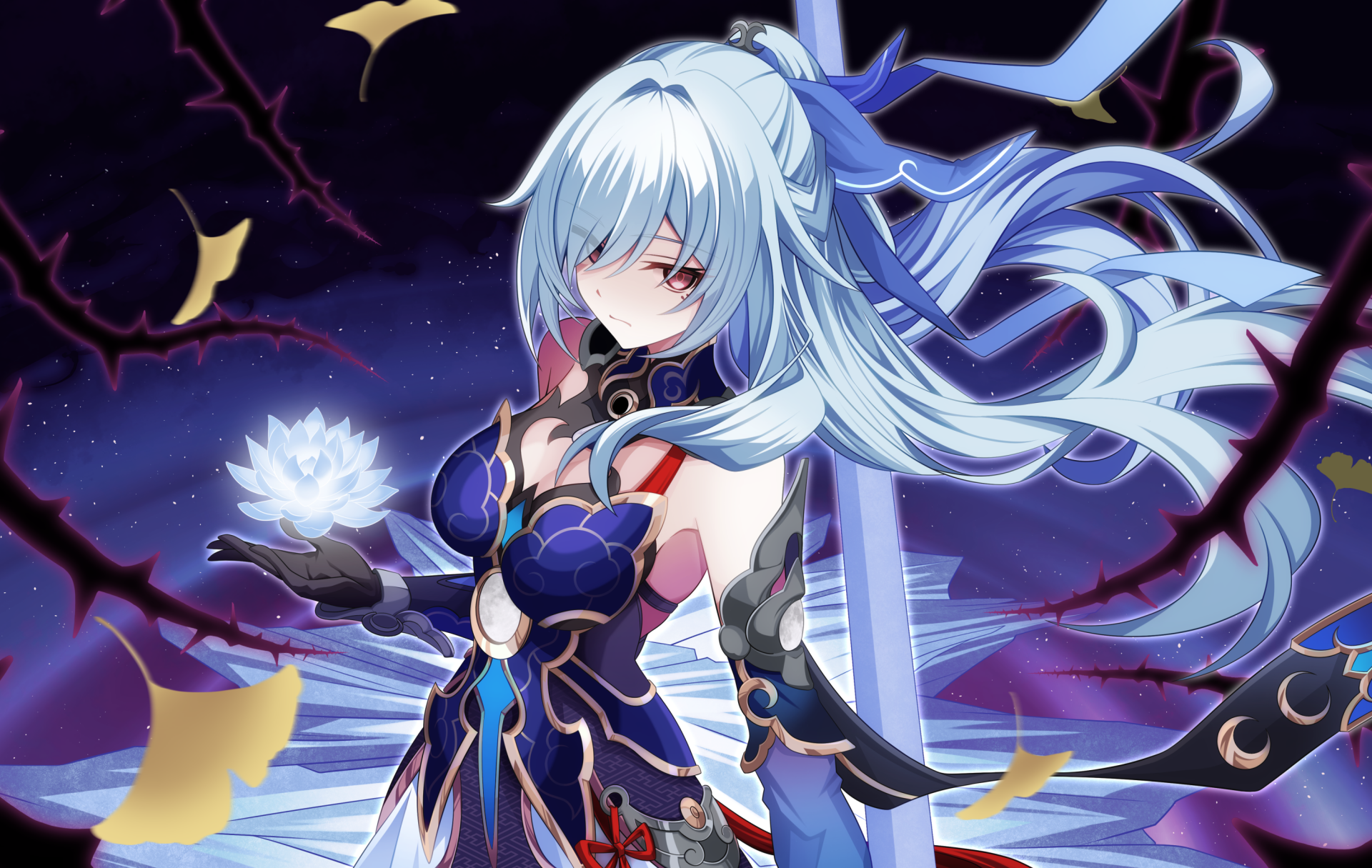HD PC desktop wallpaper featuring Jingliu from the video game Honkai: Star Rail, showcasing her with flowing silver hair and a dark, intricate outfit against a cosmic backdrop.