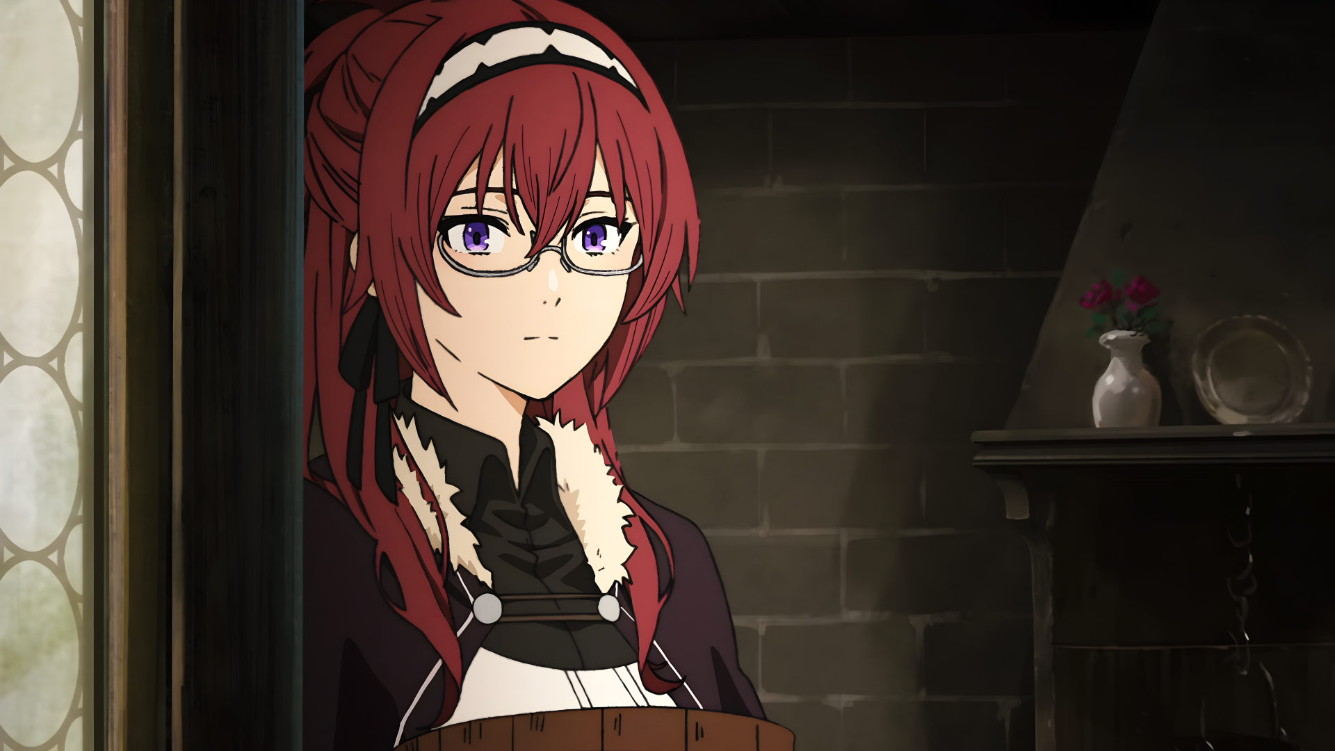 Anime-style 8K Ultra HD desktop wallpaper featuring a character from Mushoku Tensei: Jobless Reincarnation with red hair, glasses, and a detailed medieval interior background.