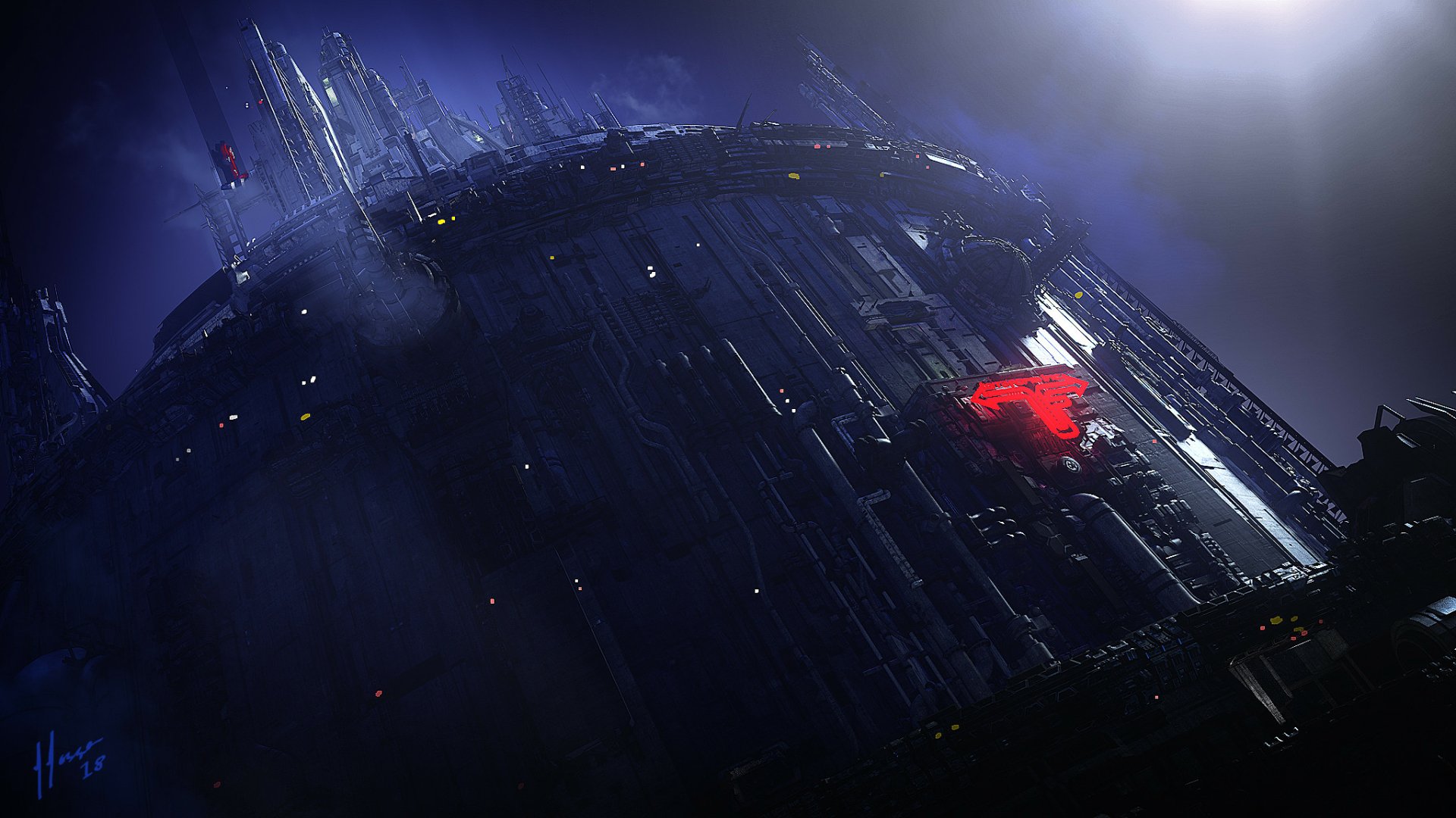 HD desktop wallpaper featuring an imposing, dark sci-fi structure with glowing red highlights, set against a misty, atmospheric backdrop.