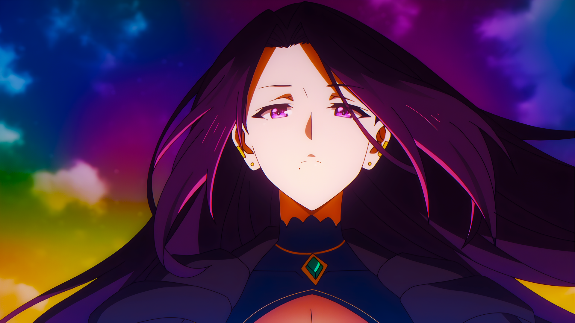 Aurora from The Eminence in Shadow anime, depicted in vibrant colors with flowing dark hair, featured in an 8K Ultra HD PC desktop wallpaper background.