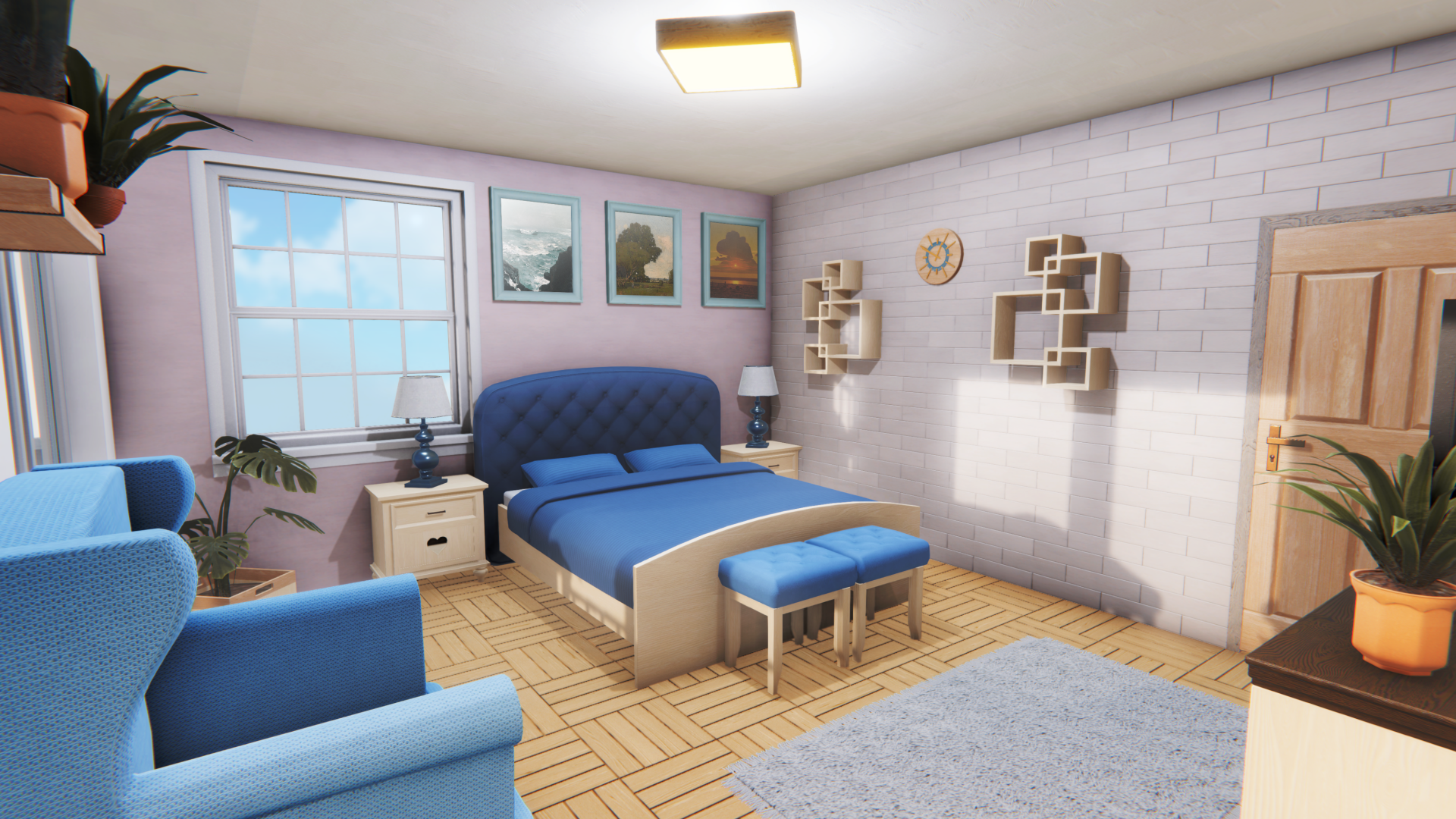HD desktop wallpaper featuring a cozy bedroom interior design from House Flipper 2 with blue accents and stylish decor.