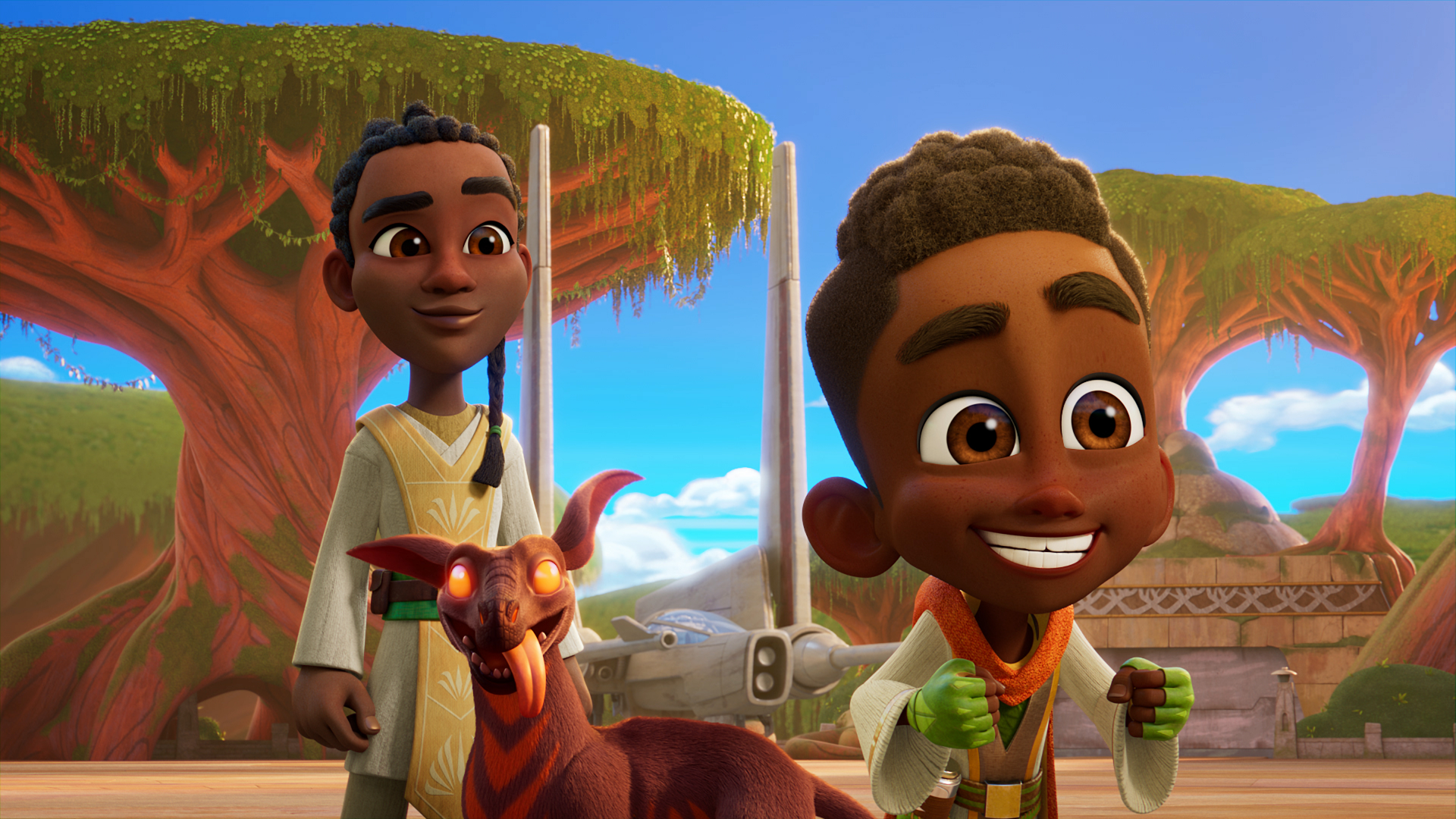 HD wallpaper featuring two young Jedi characters and a creature from Star Wars: Young Jedi Adventures animated series, set against a serene backdrop of a lush planet.