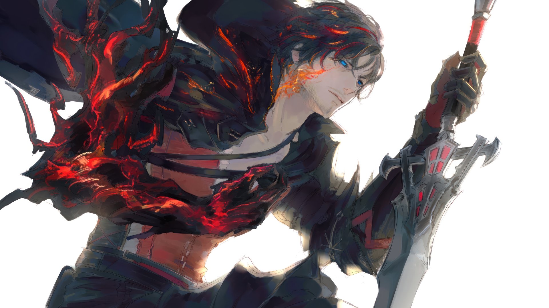 HD desktop wallpaper of Clive Rosfield from Final Fantasy XVI, featuring dynamic, fiery visuals and a dramatically poised stance with a sword.