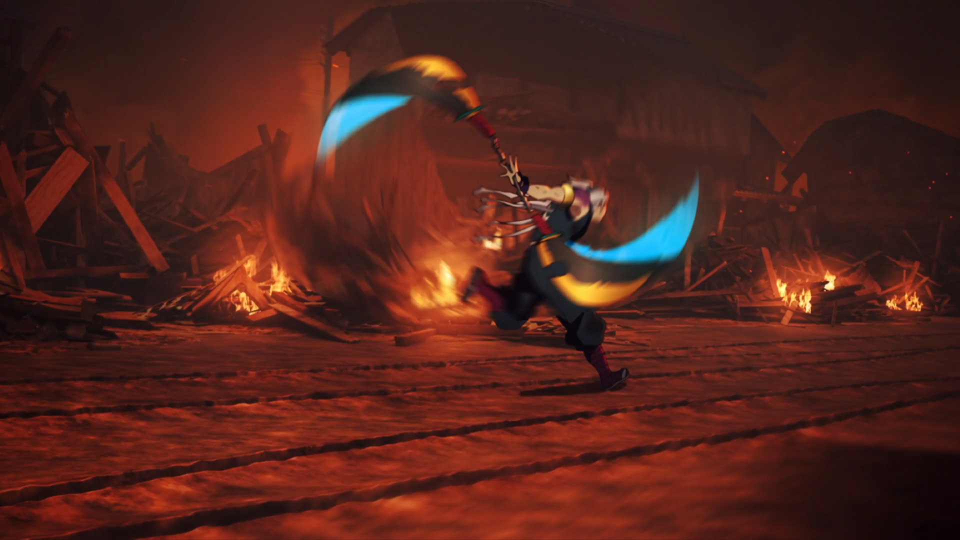 HD PC desktop wallpaper featuring Tengen Uzui from Demon Slayer: Kimetsu no Yaiba in dynamic action amid a fiery, battle-scarred background.