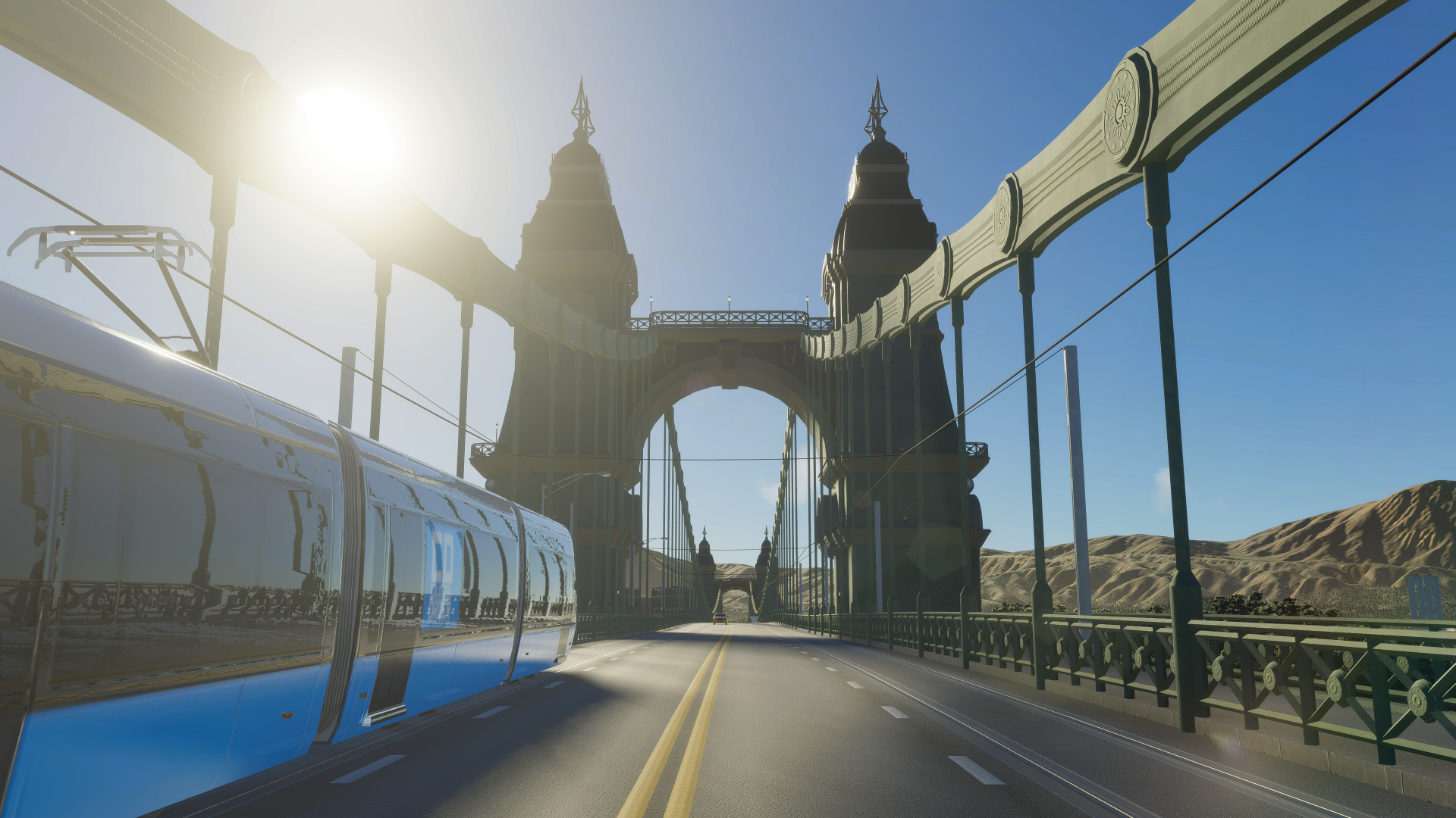 HD Cities: Skylines II wallpaper featuring a detailed bridge with a tram, providing a scenic desktop background under a clear blue sky.