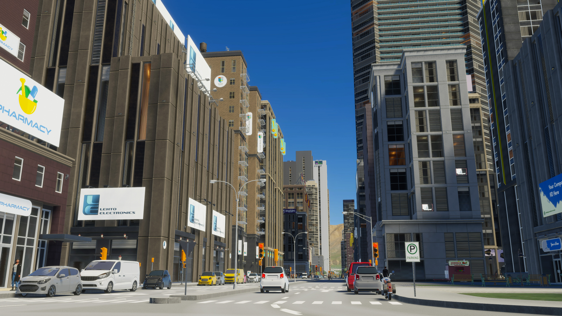 High-definition desktop wallpaper featuring a bustling urban avenue from the video game Cities: Skylines II, showcasing realistic cityscape graphics with vehicles and buildings along the street.