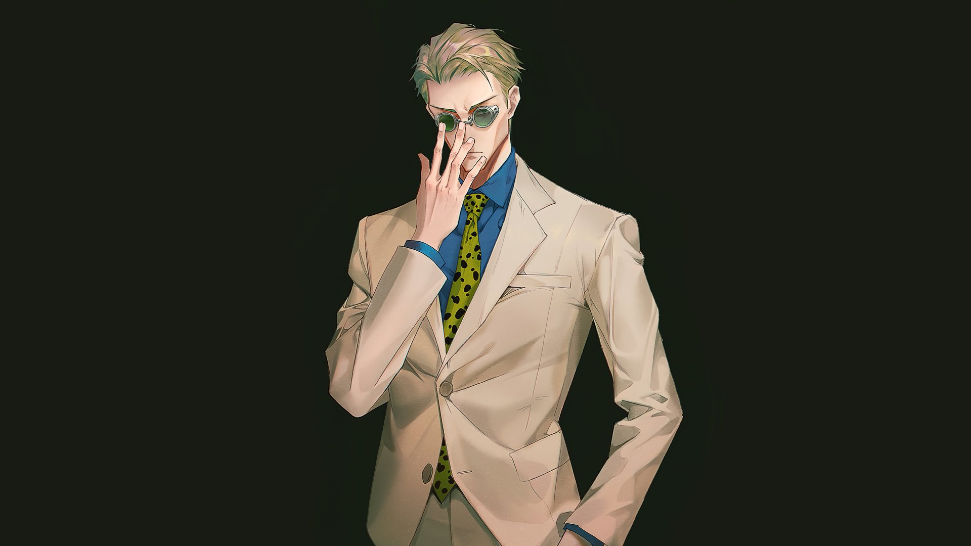 HD desktop wallpaper featuring Kento Nanami from Jujutsu Kaisen, depicted in a stylish suit with a distinctive tie, against a dark background.