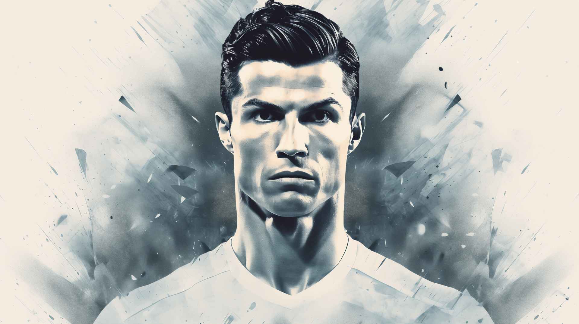 HD desktop wallpaper featuring a stylized illustration of Cristiano Ronaldo with a dynamic blue and white background.