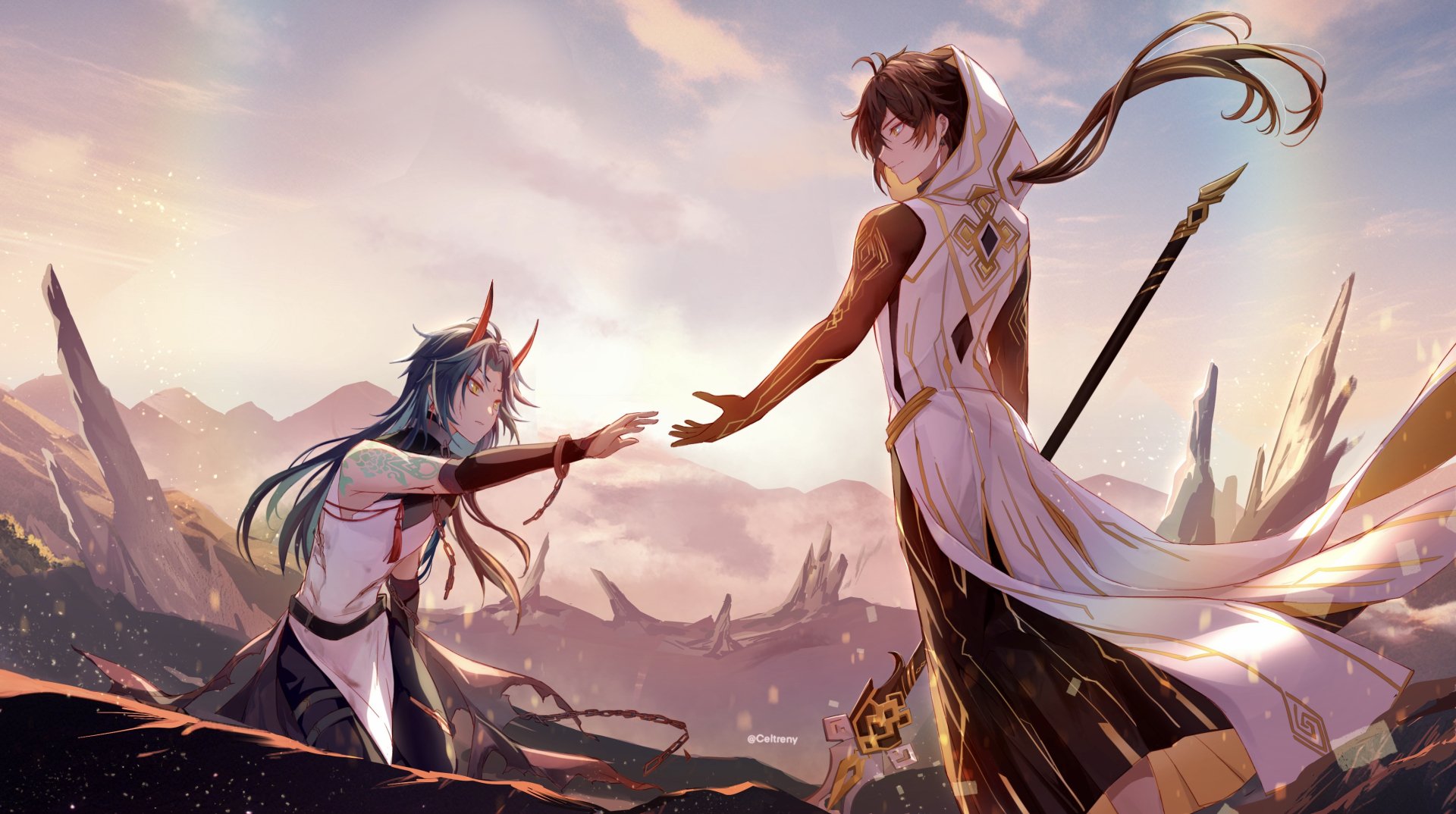 4K Ultra HD PC desktop wallpaper featuring Xiao and Zhongli from the video game Genshin Impact, set against a dramatic mountainous sunset background.