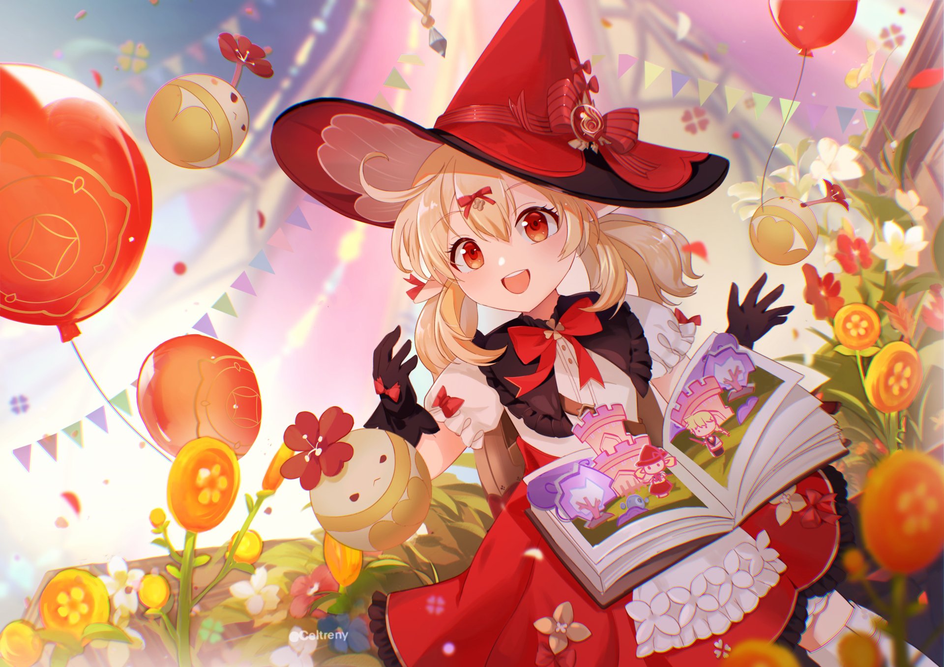 Klee from Genshin Impact in vibrant colors holding an open book with magical effects, set in a festive, bright environment. 4K Ultra HD PC desktop wallpaper.