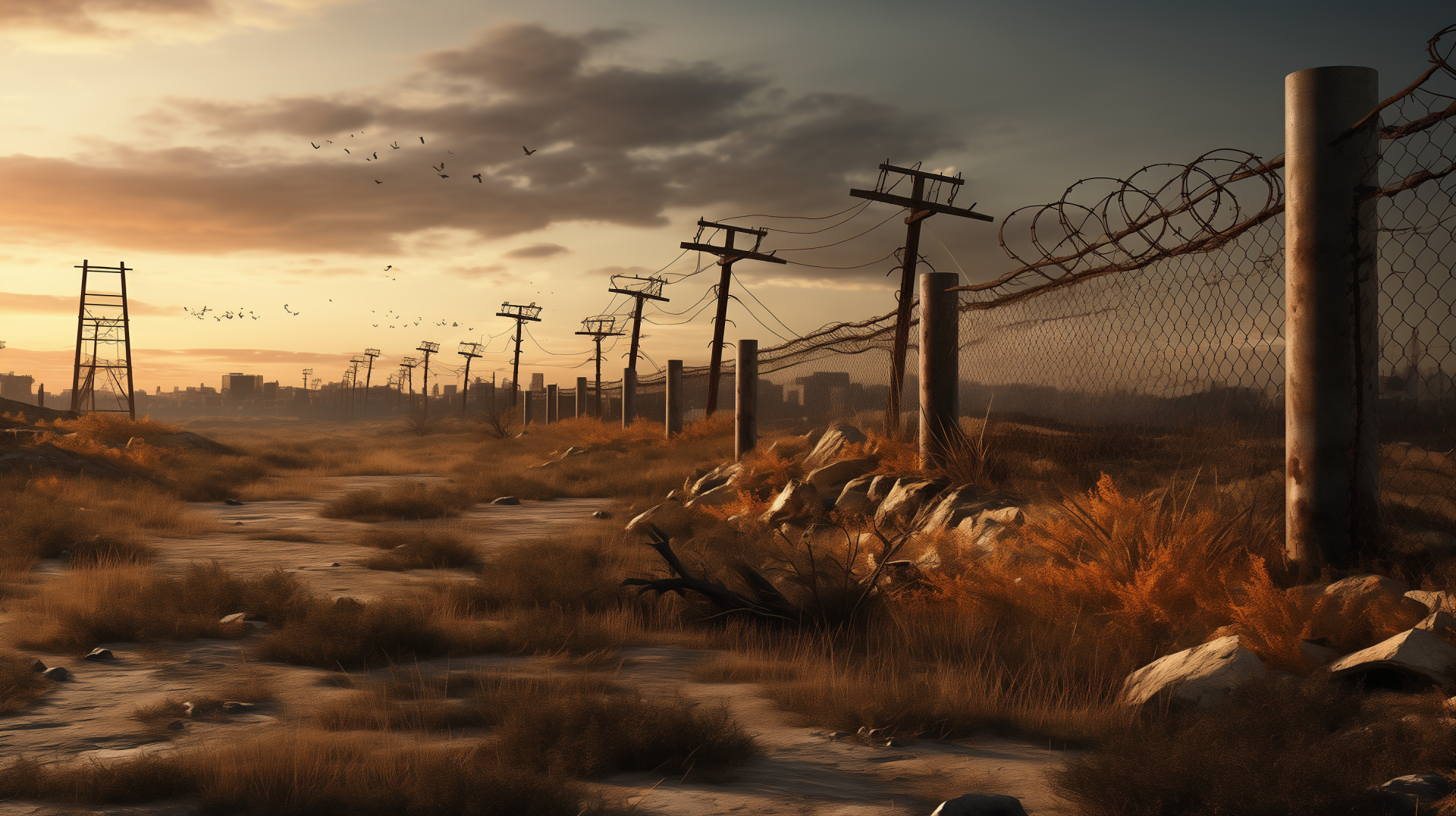 Post-apocalyptic HD desktop wallpaper featuring a desolate landscape with a barbed wire fence and weathered telephone poles under a dusky sky.