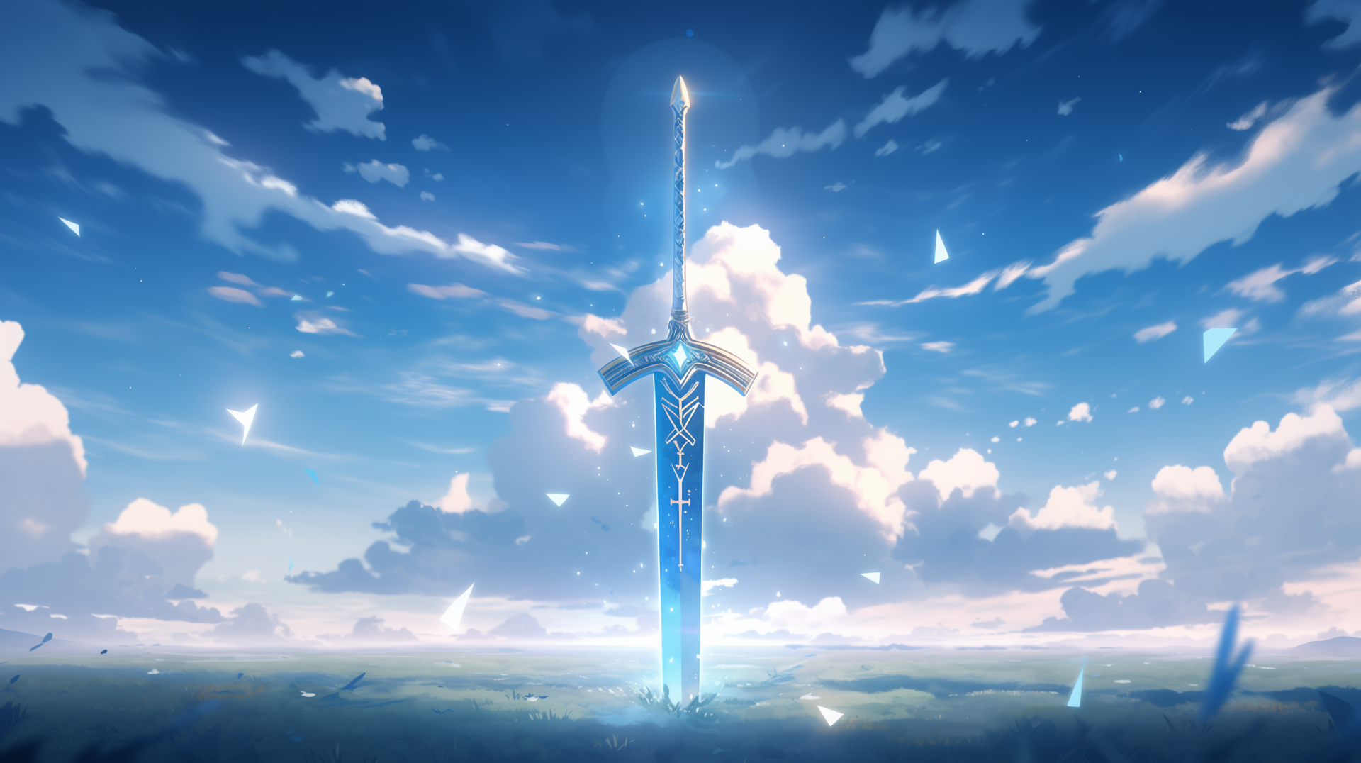 HD wallpaper featuring the iconic Master Sword from The Legend of Zelda series, set against a breathtaking sky with sparkling light effects.