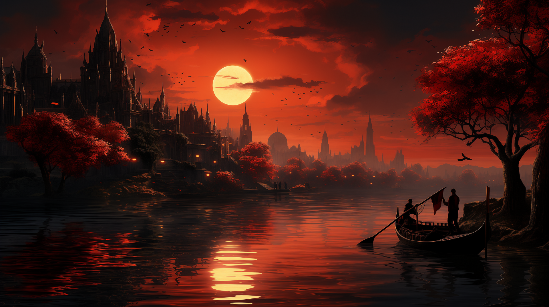 HD wallpaper featuring a gondola on a river with a castle in the background under a red sunset sky.