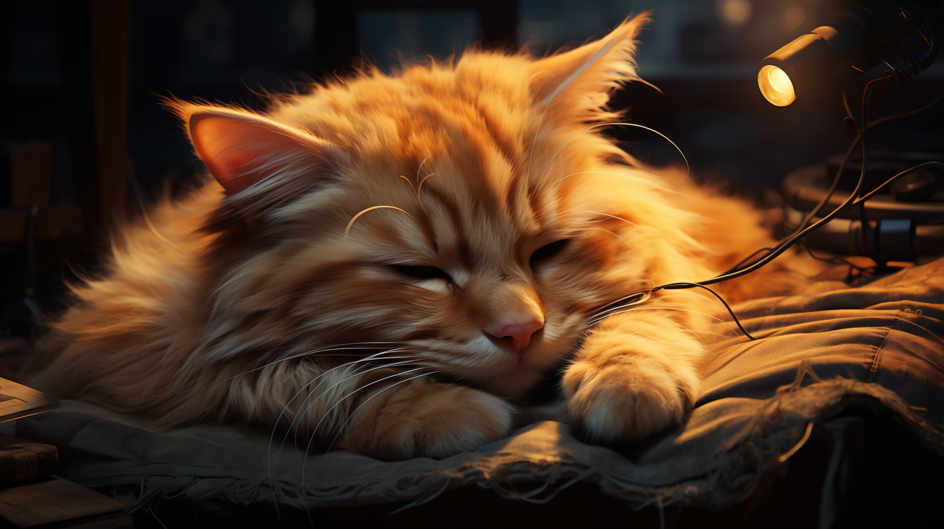 A serene, fluffy orange cat peacefully sleeping on a soft surface, bathed in warm light, creating a cozy atmosphere. This HD wallpaper captures the beauty of this adorable animal.