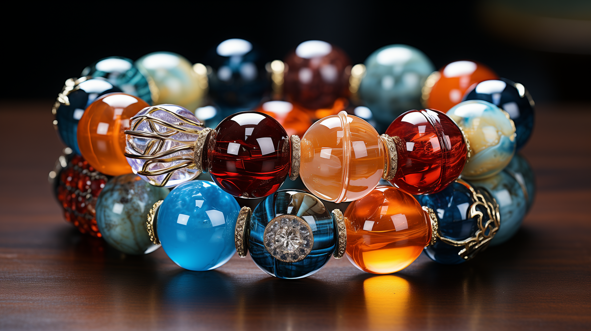 HD wallpaper of a colorful bracelet collection for desktop background, featuring an array of beaded bracelets with intricate designs and vibrant hues.