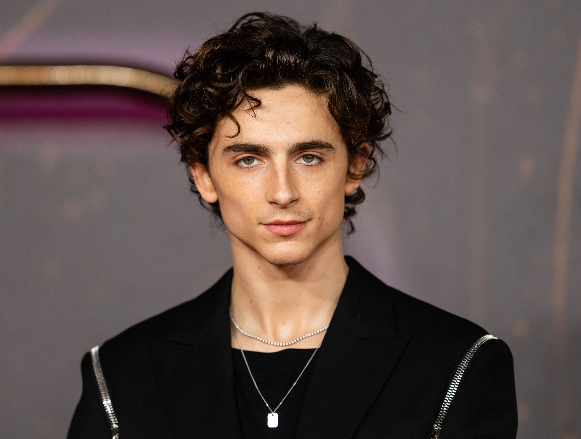 Alt Text: High definition desktop wallpaper featuring a portrait of a young male celebrity with curly hair, dressed in a stylish black outfit with a silver chain necklace.
