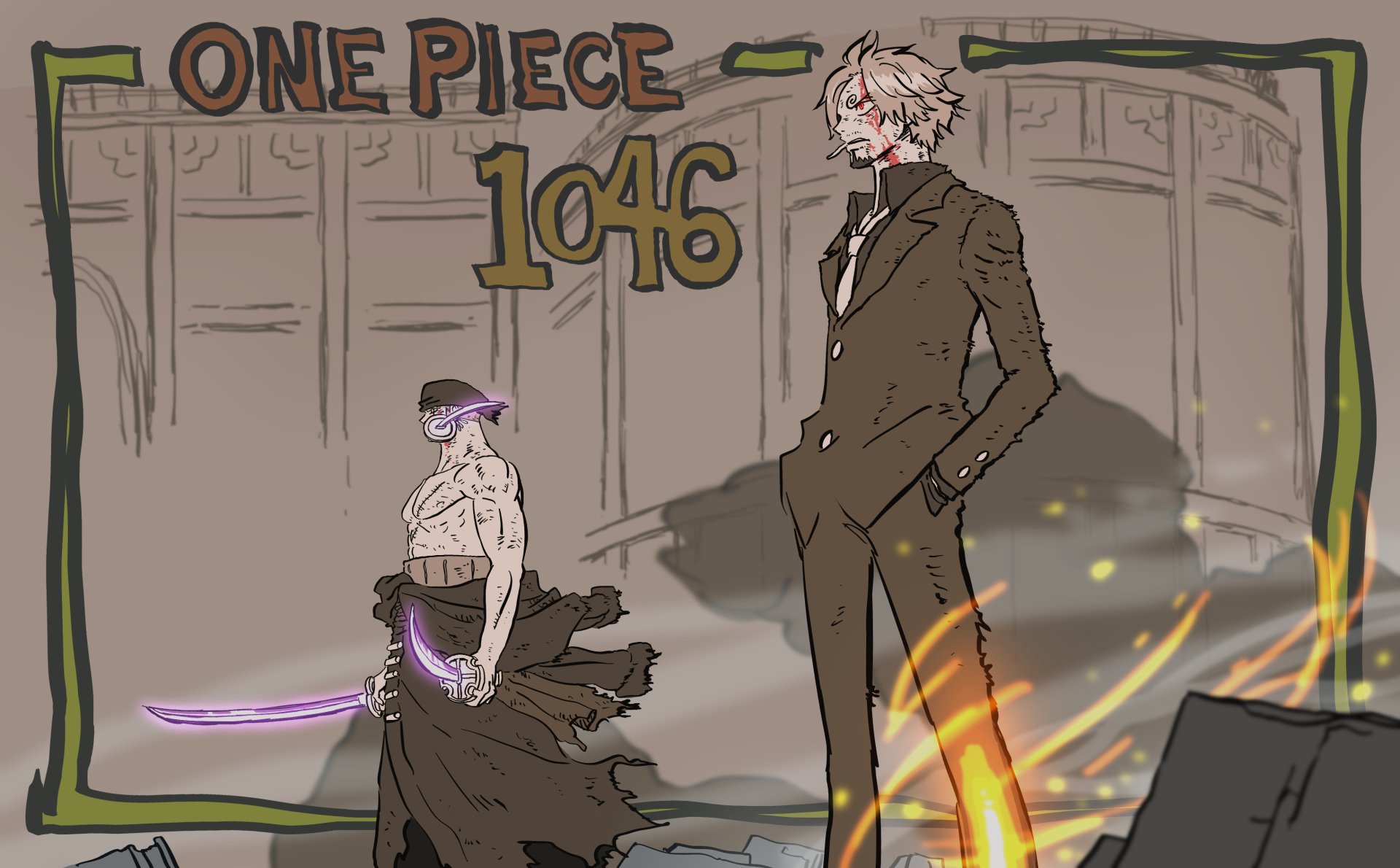 4K Ultra HD One Piece wallpaper featuring Roronoa Zoro wielding his sword and Sanji in a suit, set against a dramatic background with the chapter number 1046.