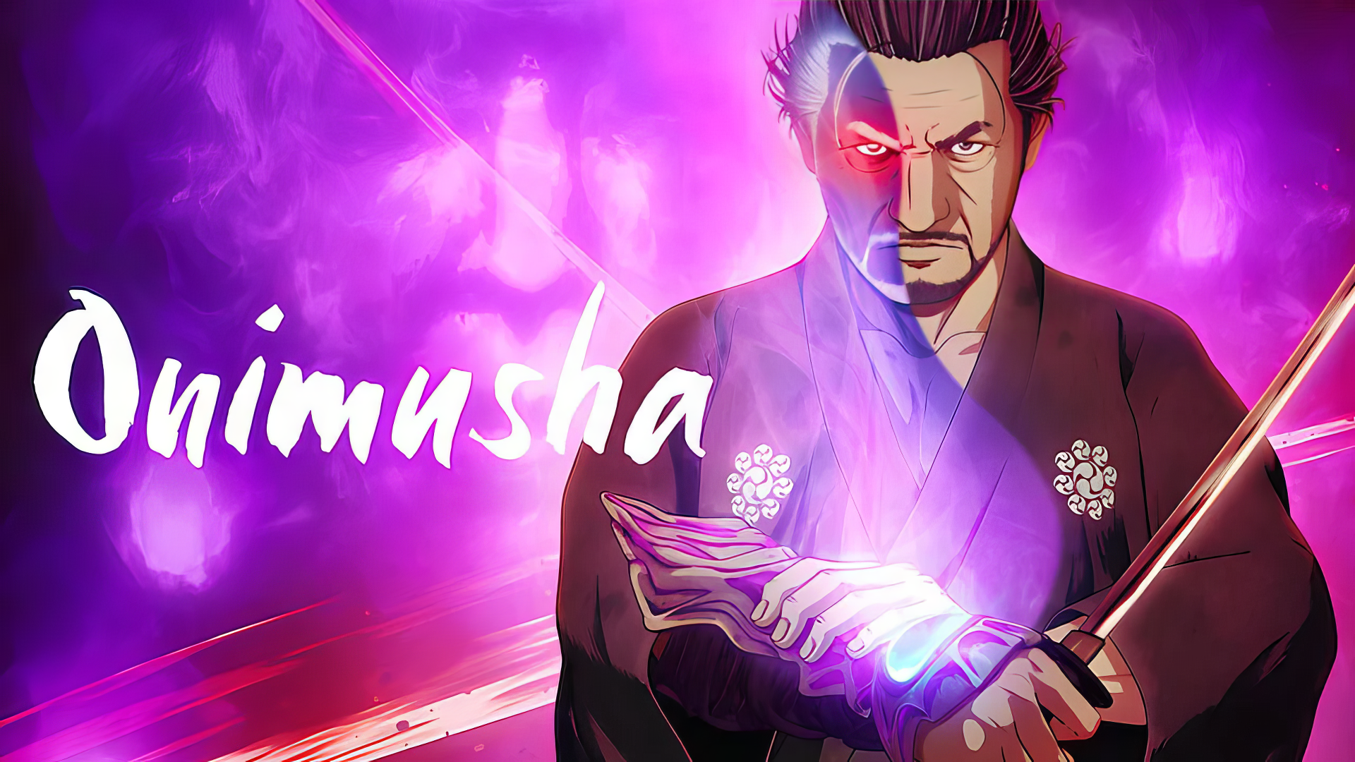 HD desktop wallpaper featuring the stylized artwork of a character from Onimusha (2023) game with a purple background and glowing effects.