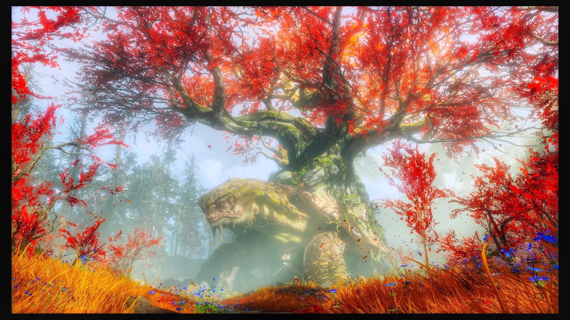 HD PC desktop wallpaper depicting a mystical forest scene from God of War with a large ancient tree, vibrant red foliage, and a turtle resting near its roots.