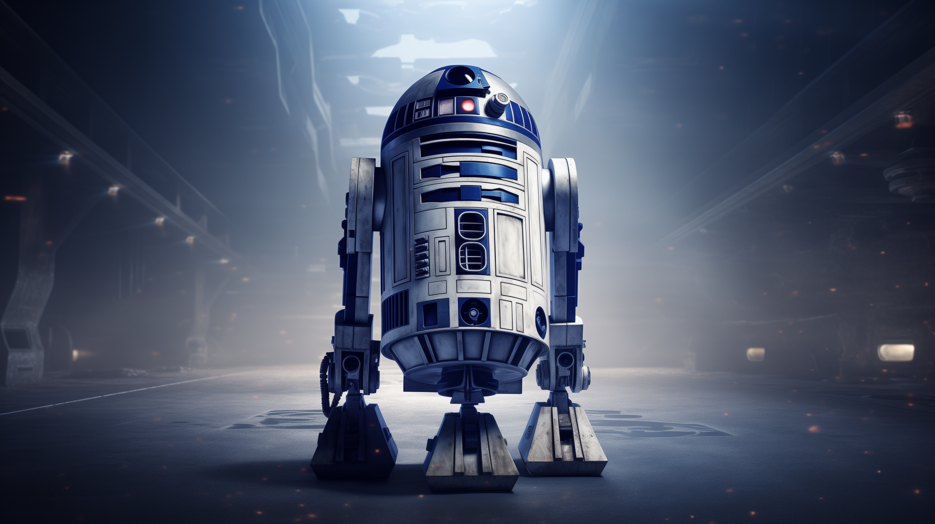 A high-definition desktop wallpaper featuring R2-D2 from Star Wars, standing confidently against a futuristic backdrop, capturing the essence of the beloved character.