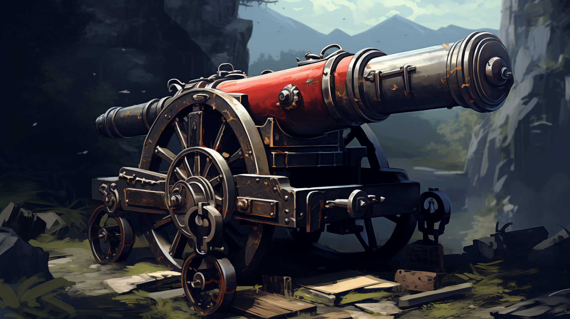 A vibrant HD wallpaper featuring a man-made cannon set against a mountainous backdrop. The intricate details and striking colors create an engaging visual.