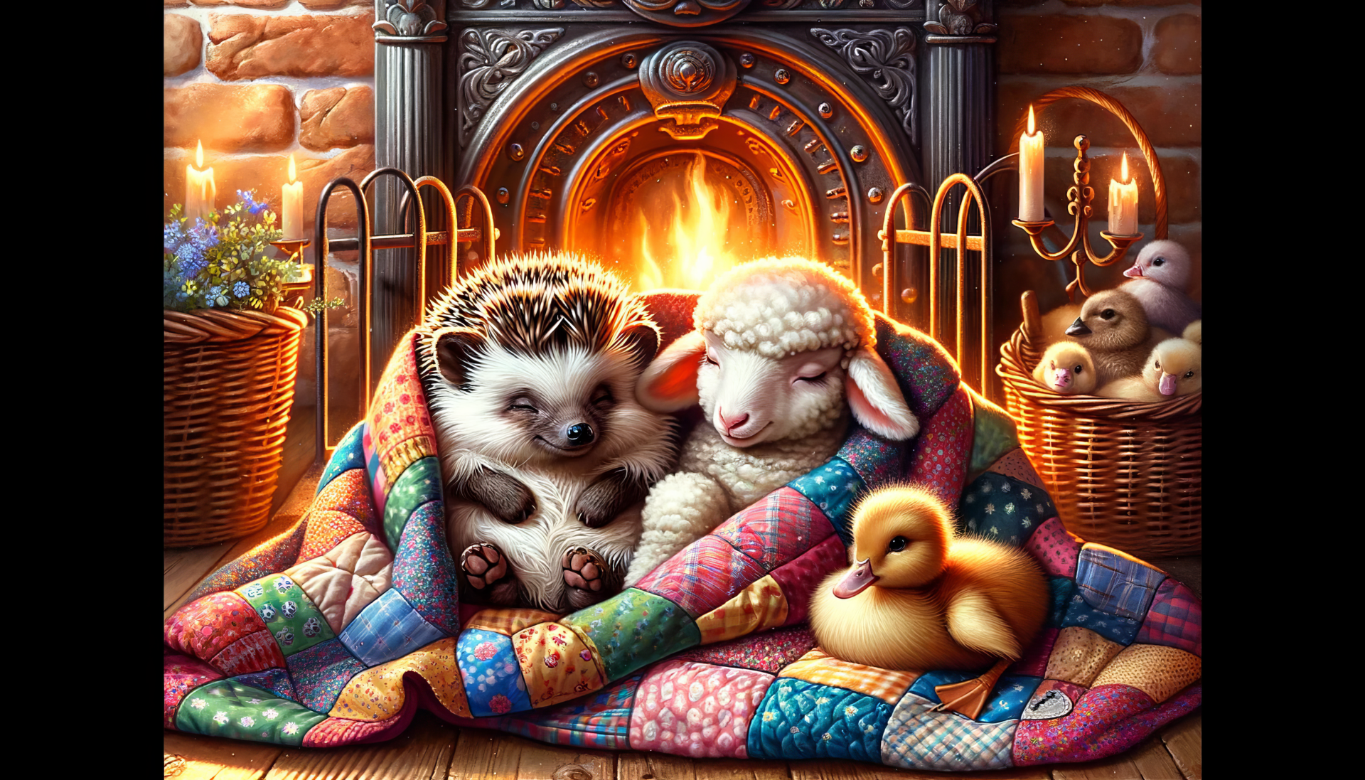 HD desktop wallpaper featuring a cozy scene with a hedgehog, lamb, and duckling snuggled together under a quilt by a warm fireplace.