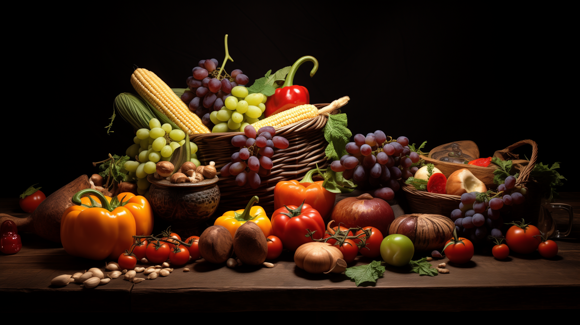 HD wallpaper featuring a still life display of harvest produce, including a vibrant assortment of fruits and vegetables like grapes, corn, peppers, and nuts on a dark background.