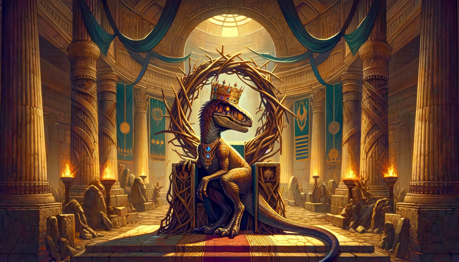 HD desktop wallpaper of a regal velociraptor seated on a throne inside a grand palace, adorned with a crown and surrounded by torches.