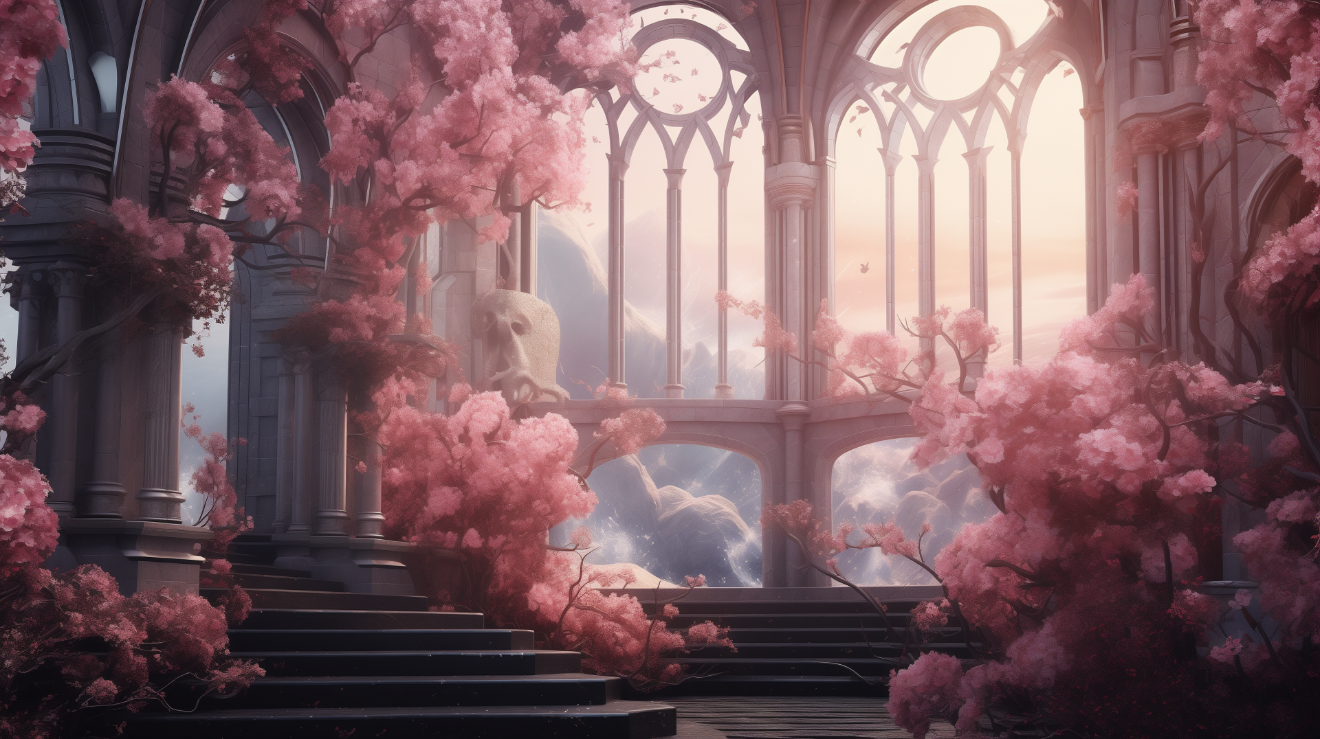 A stunning HD desktop wallpaper featuring an ethereal scene with pink blossoms and elegant arches, creating a dreamy pink aesthetic atmosphere.